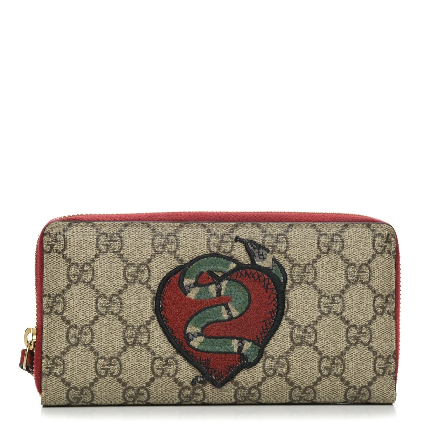 GG Supreme Monogram Kingsnake Heart Embroidered Zip Around Wallet Red