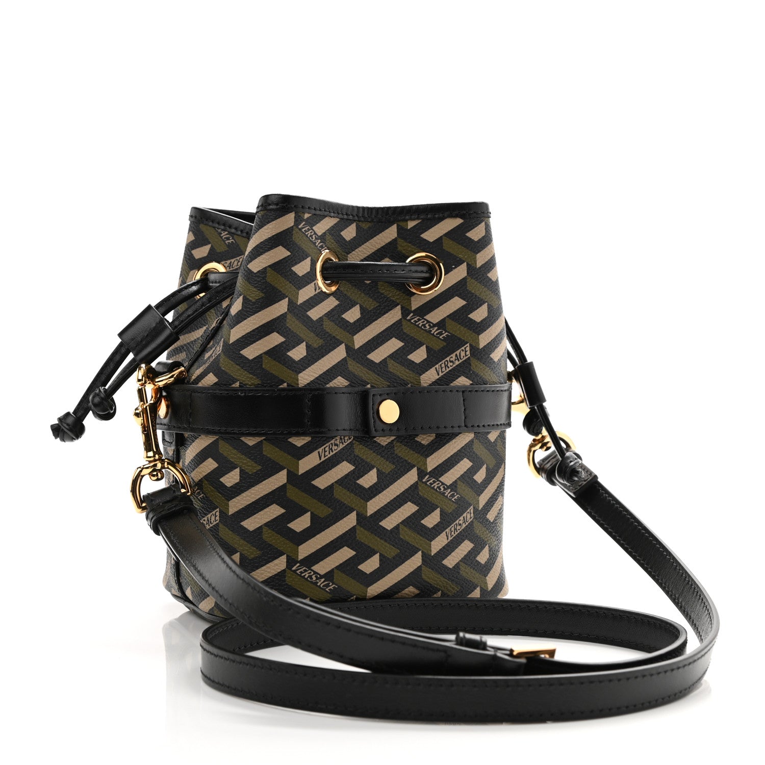 Versace Coated Canvas La Greca Mini Bucket Bag Black Green Beige 3 of 9