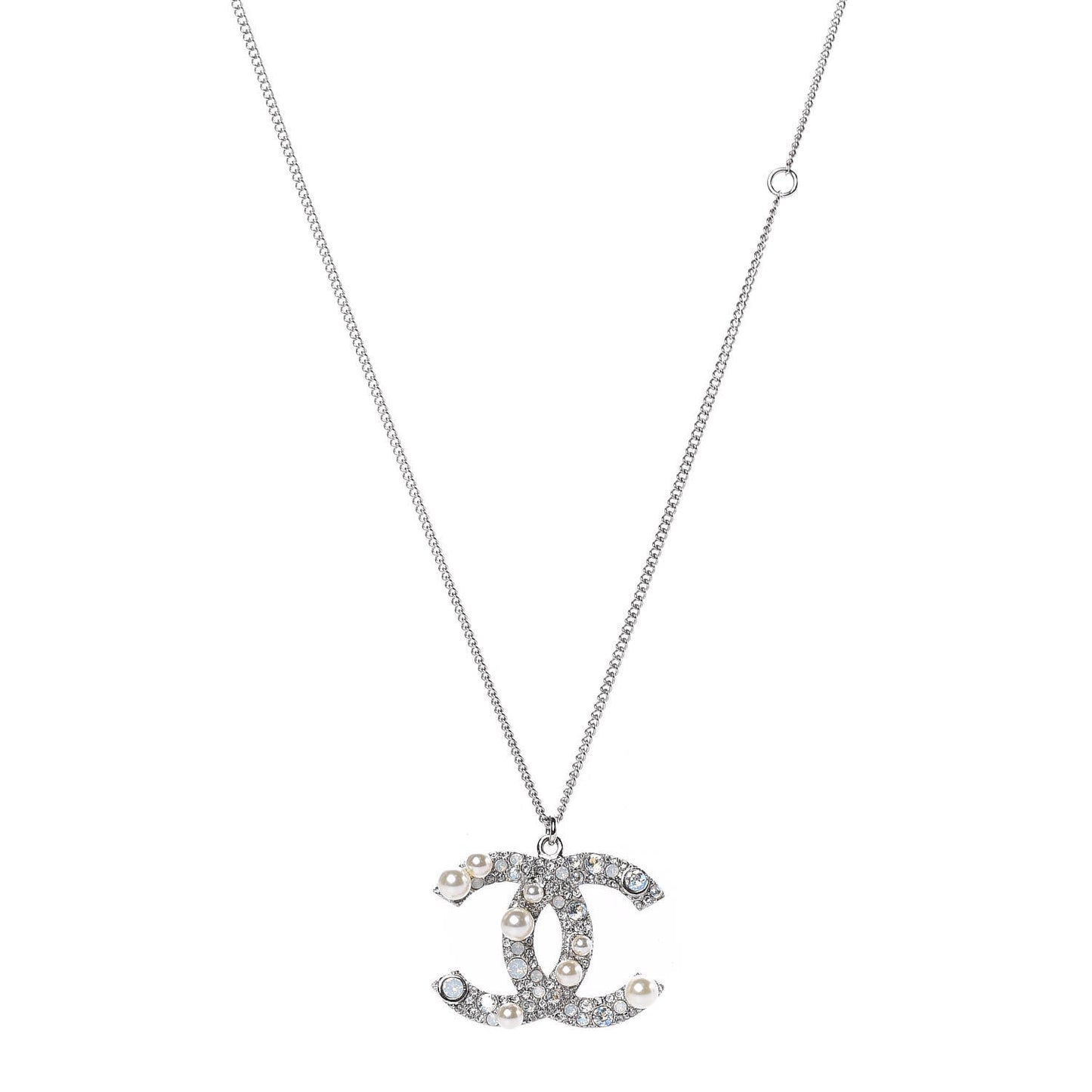 Crystal Pearl CC Pendant Necklace Silver