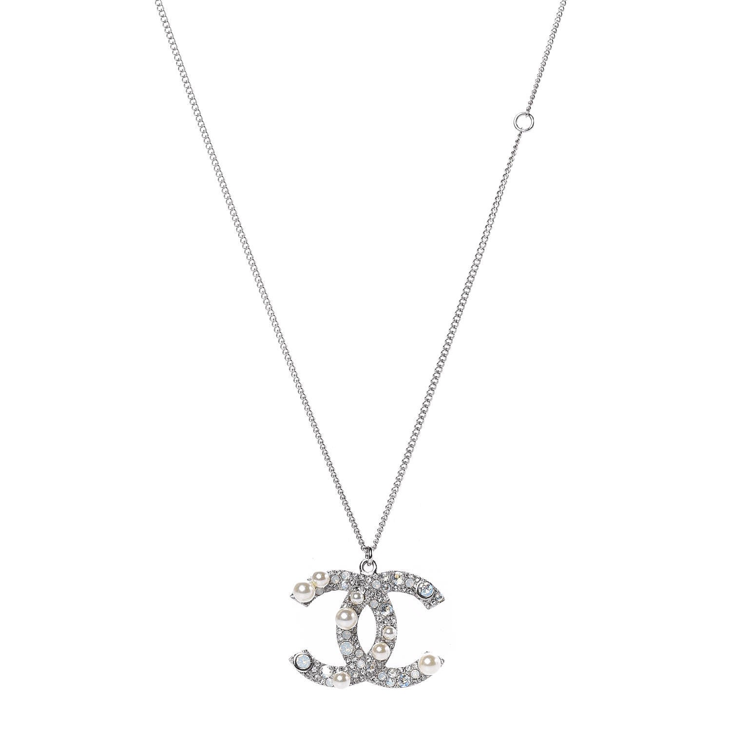 Chanel Crystal Pearl CC Pendant Necklace Silver 1 of 6