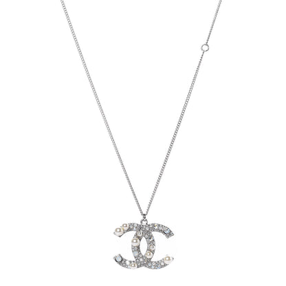 Chanel Crystal Pearl CC Pendant Necklace Silver 1 of 6