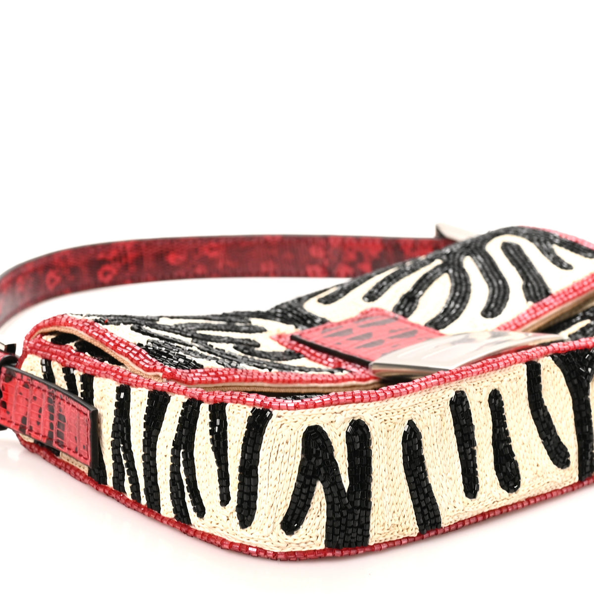 Silk Lizard Raffia Embroidery Tiger Print Baguette Re Edition 26424 Black Natural Dark Red