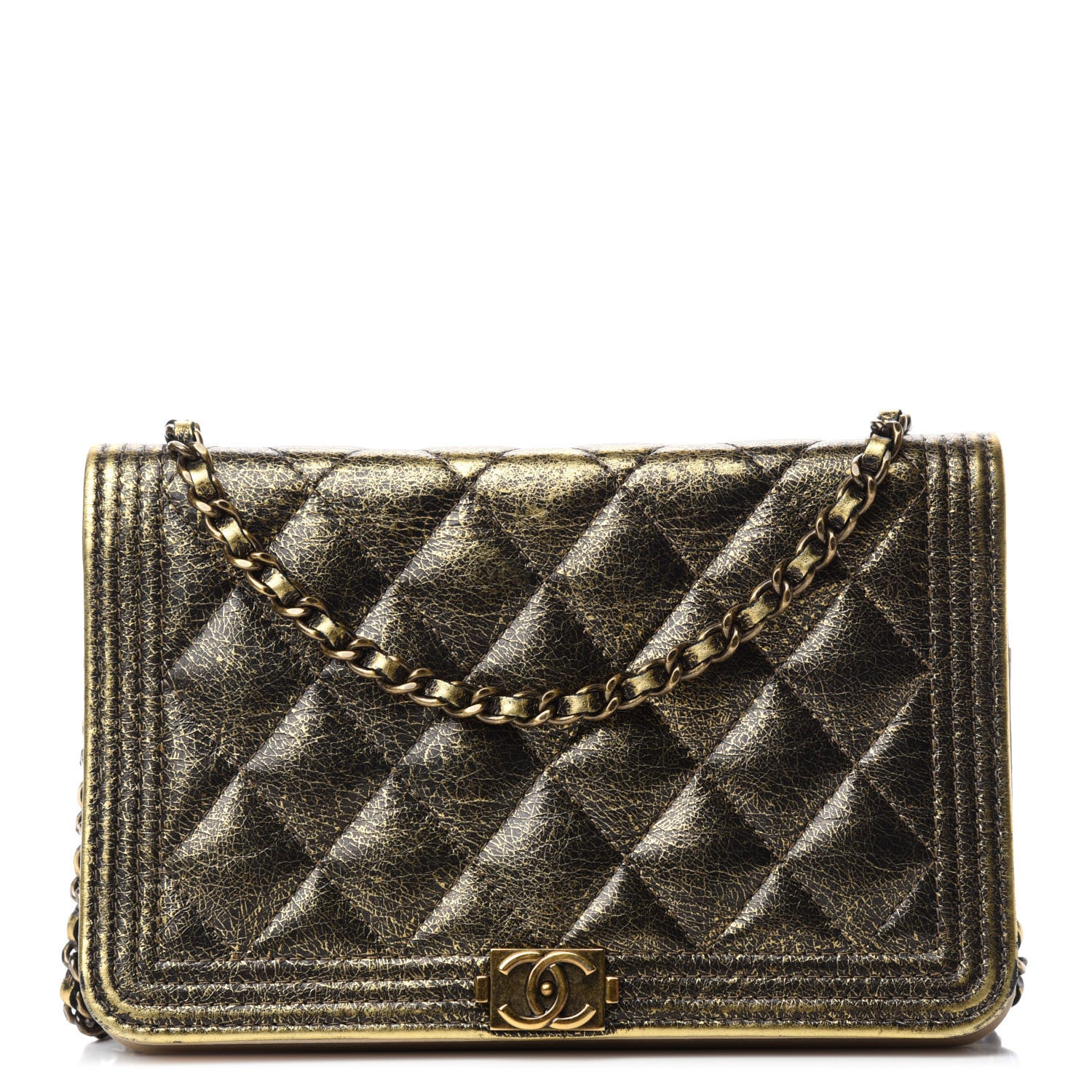 Chanel Cracked Metallic Calfskin Quilted Boy Wallet On Chain WOC Gold 1 of 15