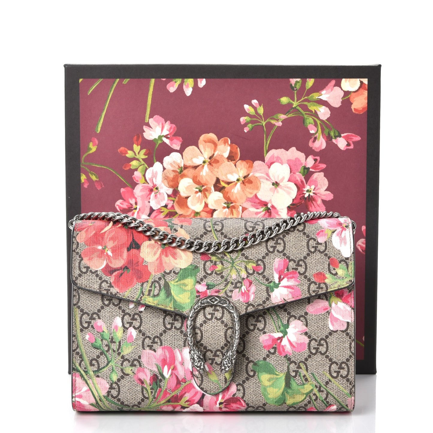 GG Supreme Monogram Blooms Mini Dionysus Chain Wallet Beige Multicolor Dry Rose