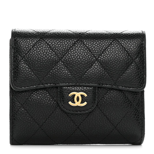 Caviar Quilted Compact Flap Wallet Black