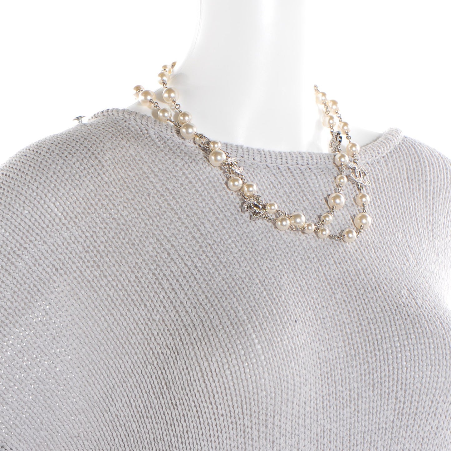 Crystal Pearl CC Long Necklace Silver