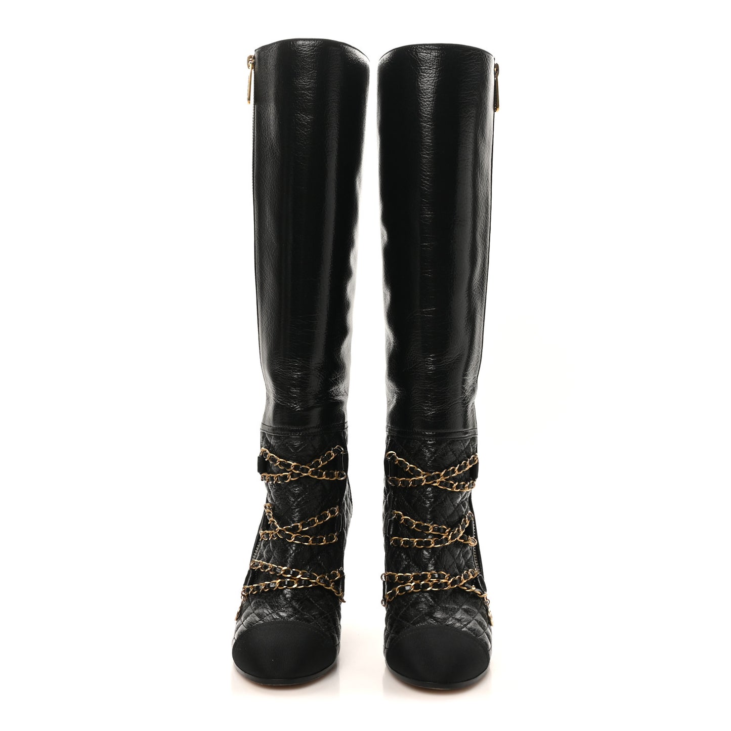 Lambskin Grosgrain Patent Chained High Boots 38 Black