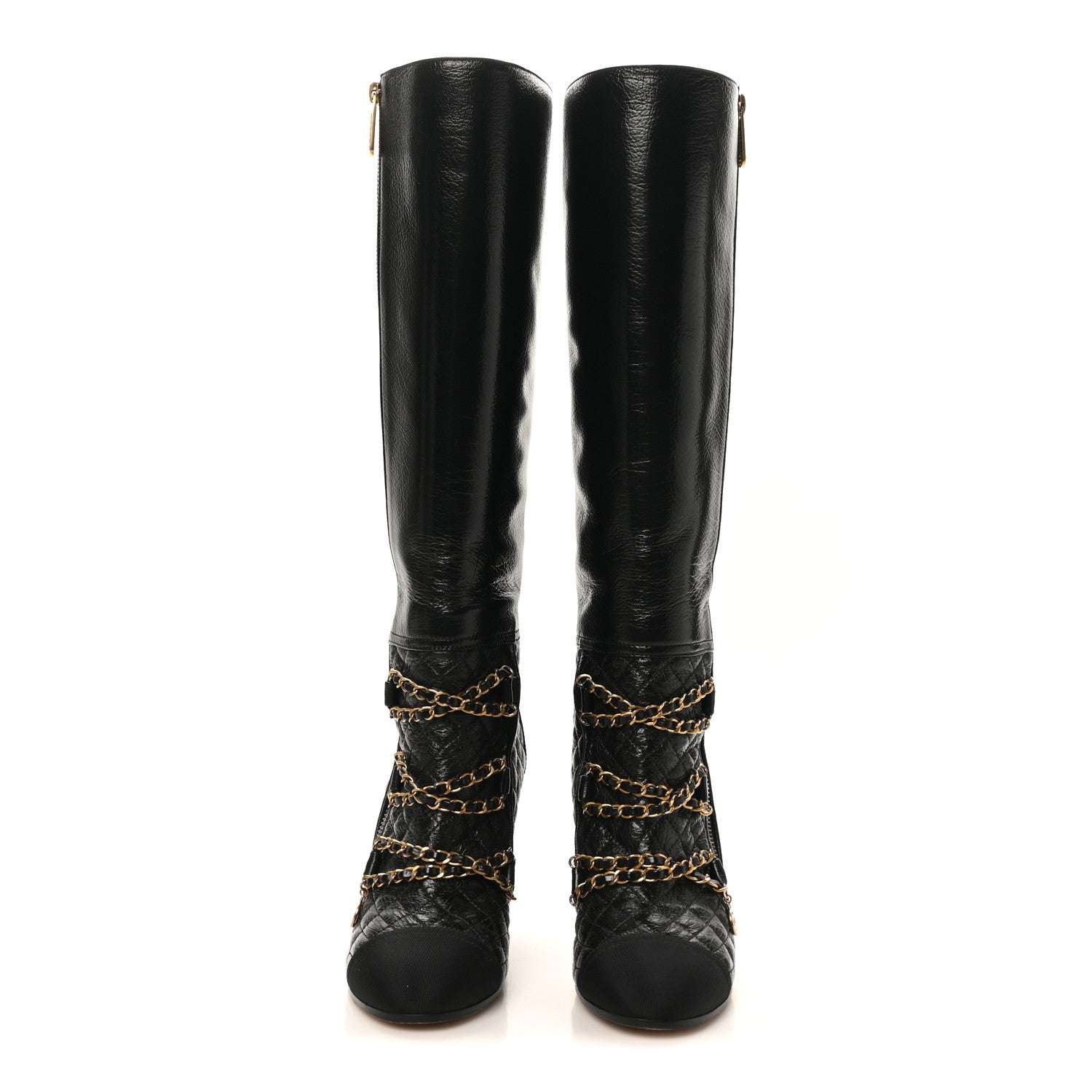 Chanel Lambskin Grosgrain Patent Chained High Boots 38 Black 3 of 10