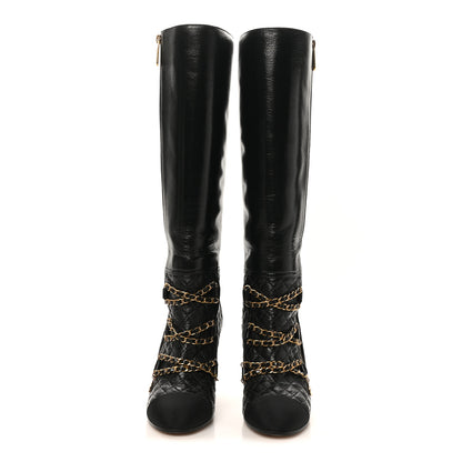 Chanel Lambskin Grosgrain Patent Chained High Boots 38 Black 3 of 10