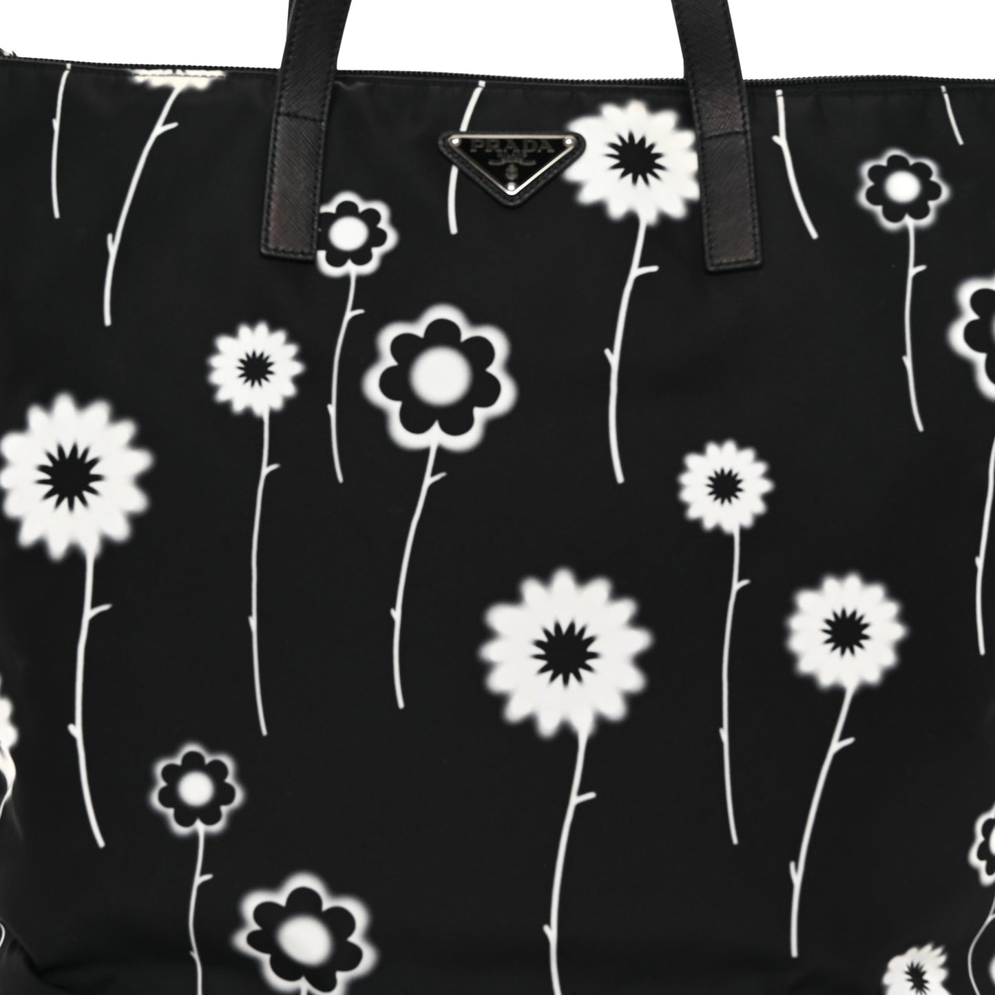 Tessuto Stampato Nylon Saffiano Floral Print Tote Black White