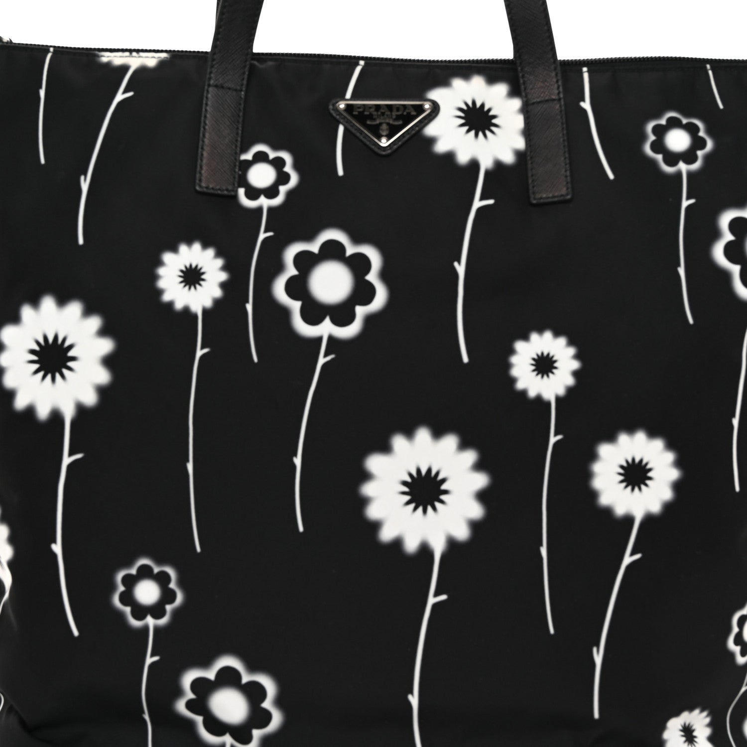 Prada Tessuto Stampato Nylon Saffiano Floral Print Tote Black White 8 of 11