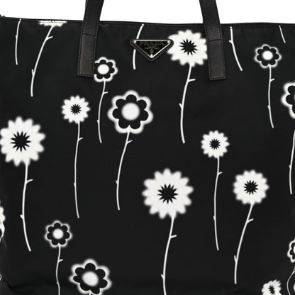 Prada Tessuto Stampato Nylon Saffiano Floral Print Tote Black White 8 of 11
