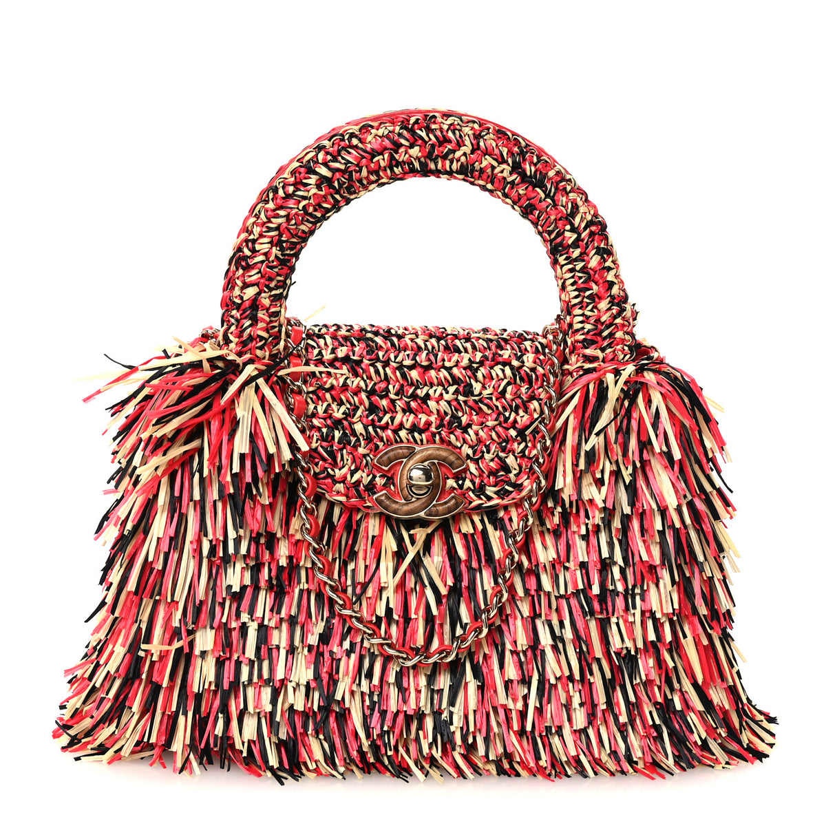 Raffia Fringe Nano Kelly Shopper Red Beige Black