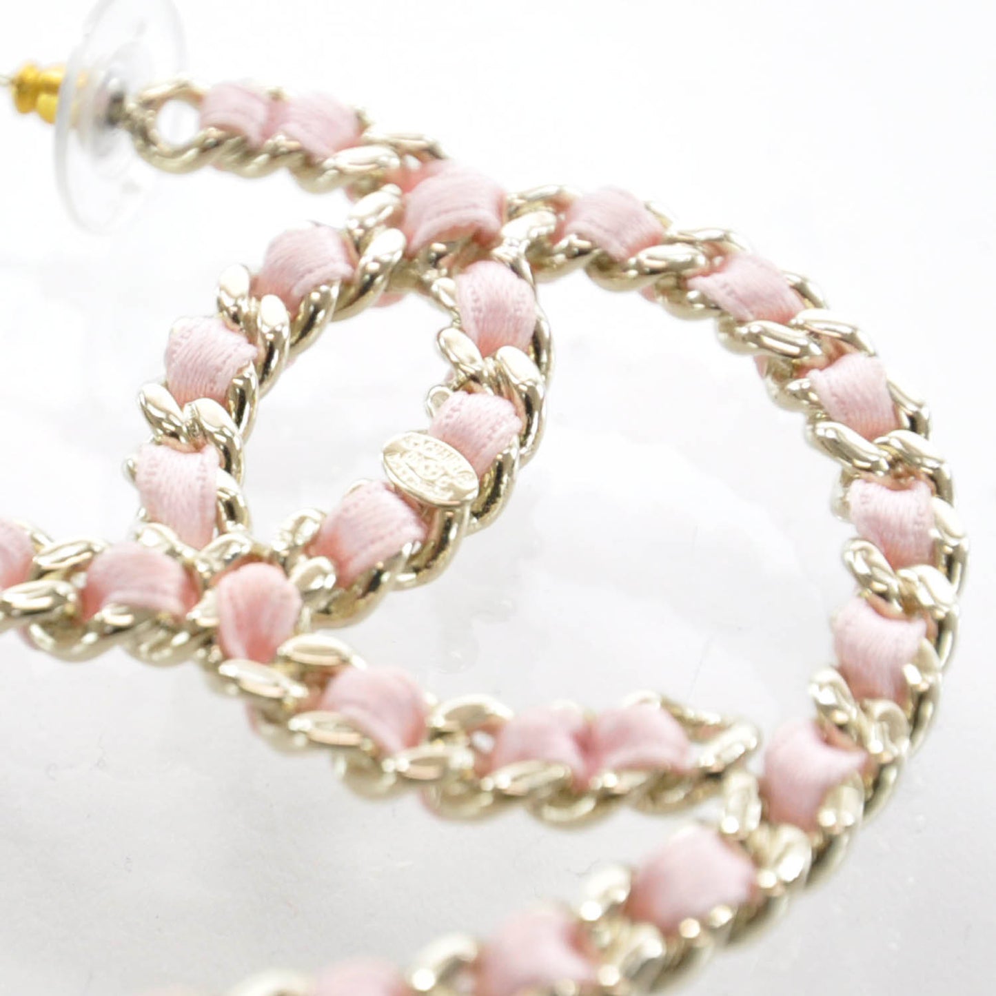 Satin Ribbon CC Heart Chain Earrings Pink