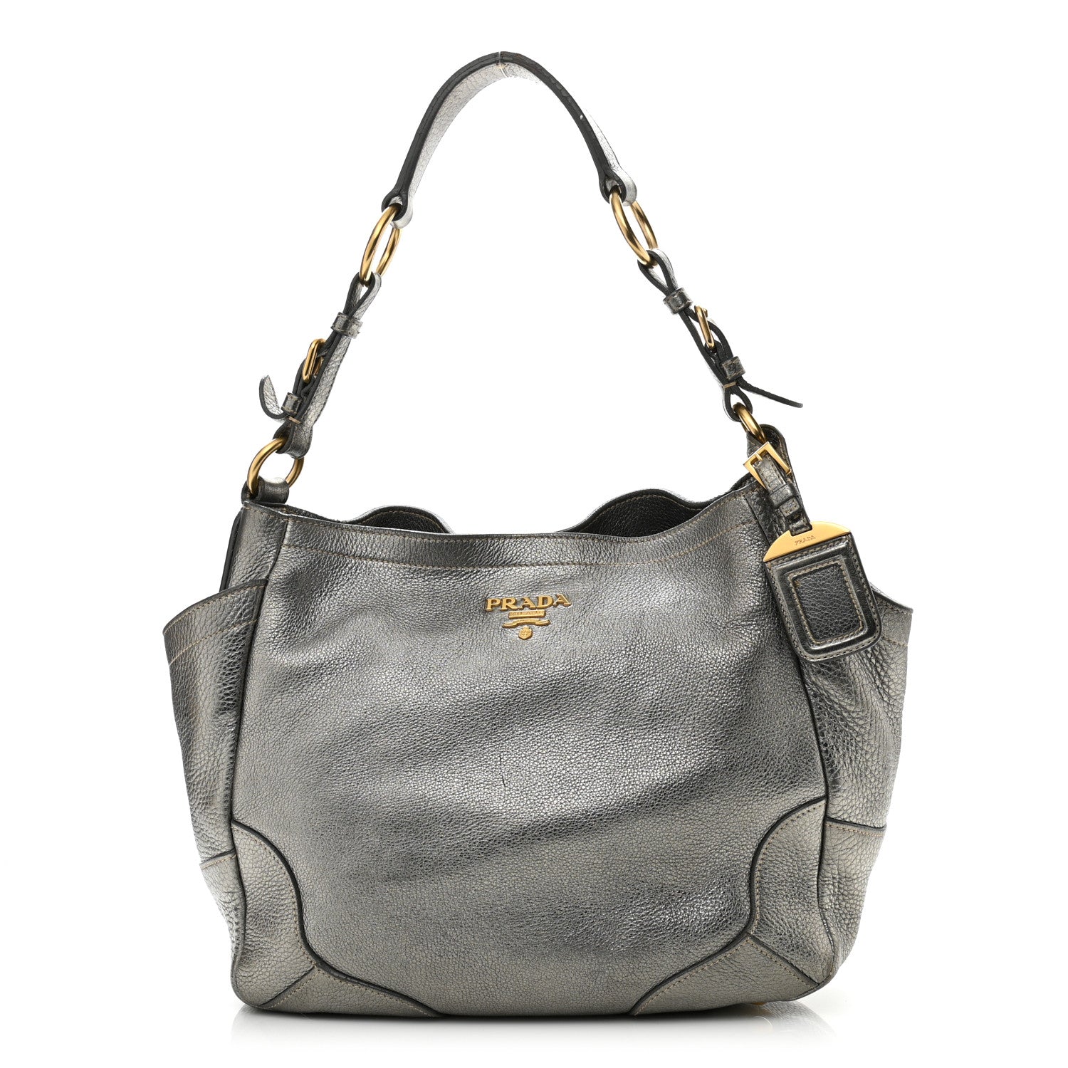 Prada Metallic Vitello Daino Side Pocket Tote Bag Acciaio 1 of 14