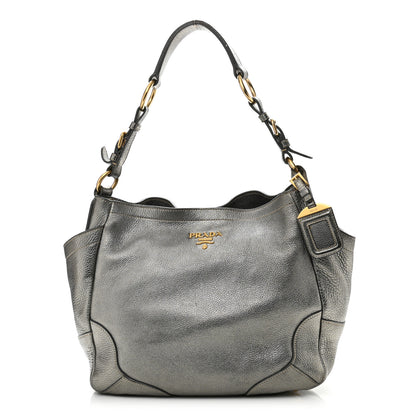Prada Metallic Vitello Daino Side Pocket Tote Bag Acciaio 1 of 14