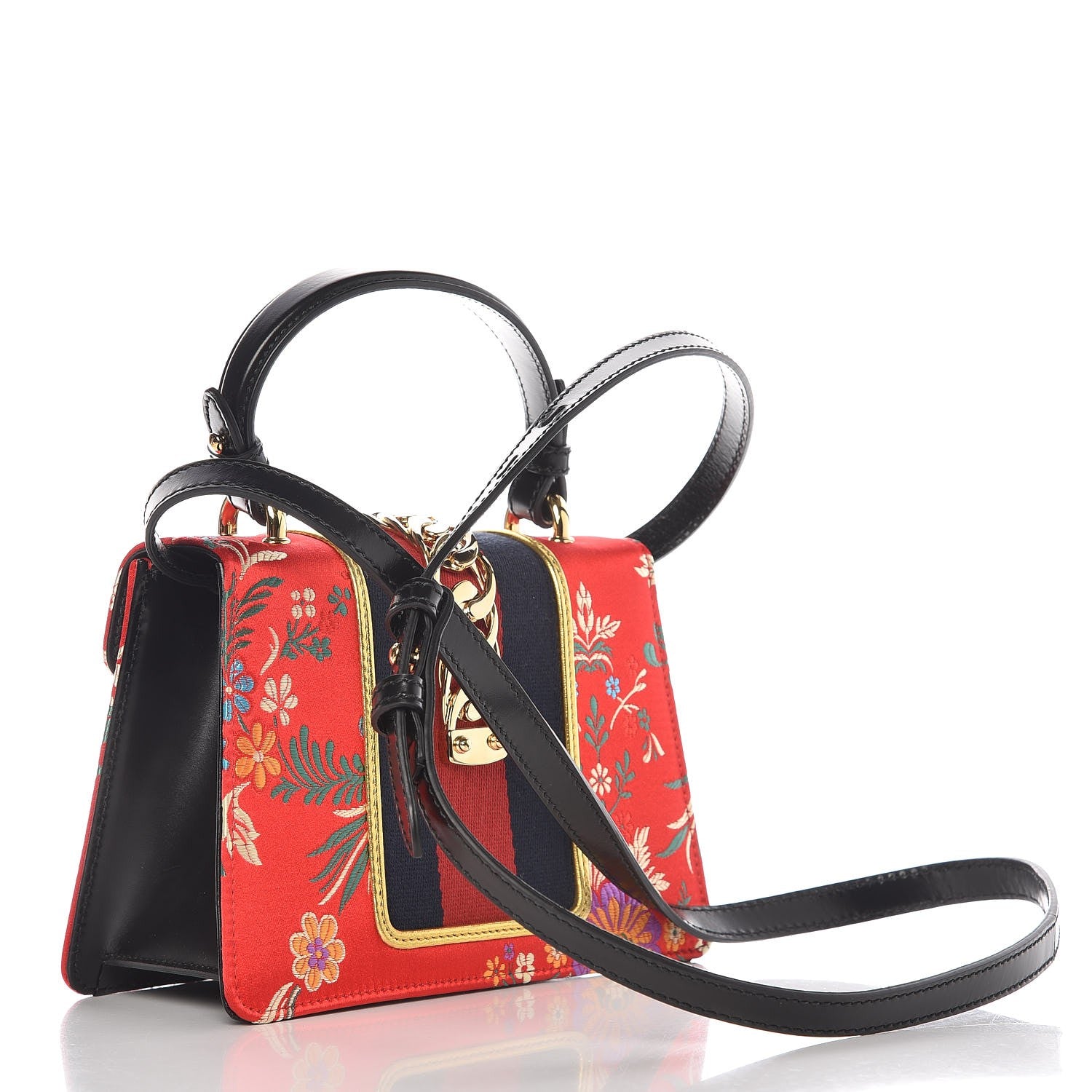 Gucci Jacquard Floral Mini Sylvie Top Handle Bag Red Multicolor Black 2 of 8