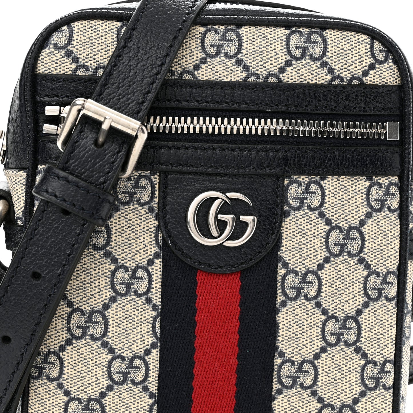 GG Supreme Monogram Textured Calfskin Web Mini Ophidia Messenger Beige Blue