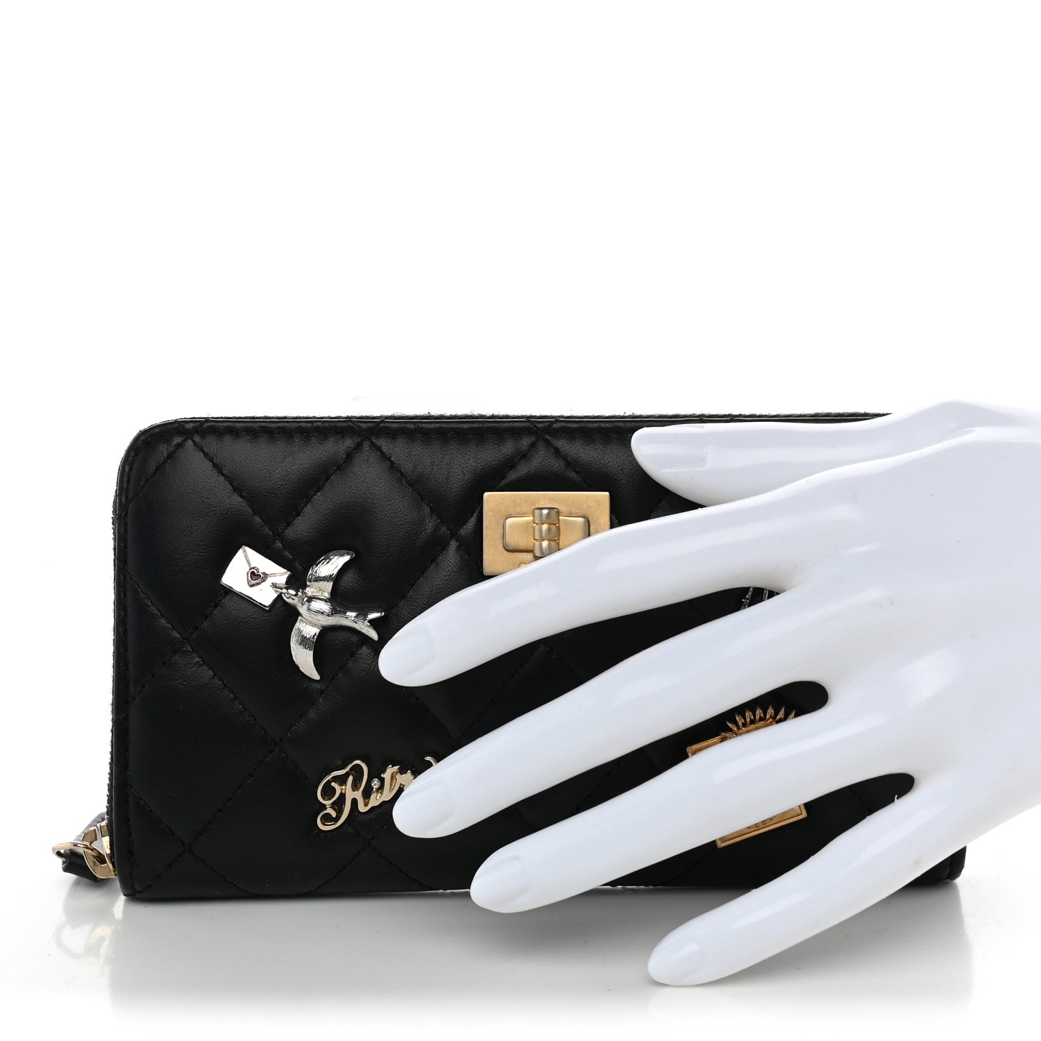 Chanel Aged Calfskin Quilted Small Lucky Charms 2.55 Reissue Zip Around Wallet Black 2 of 9
