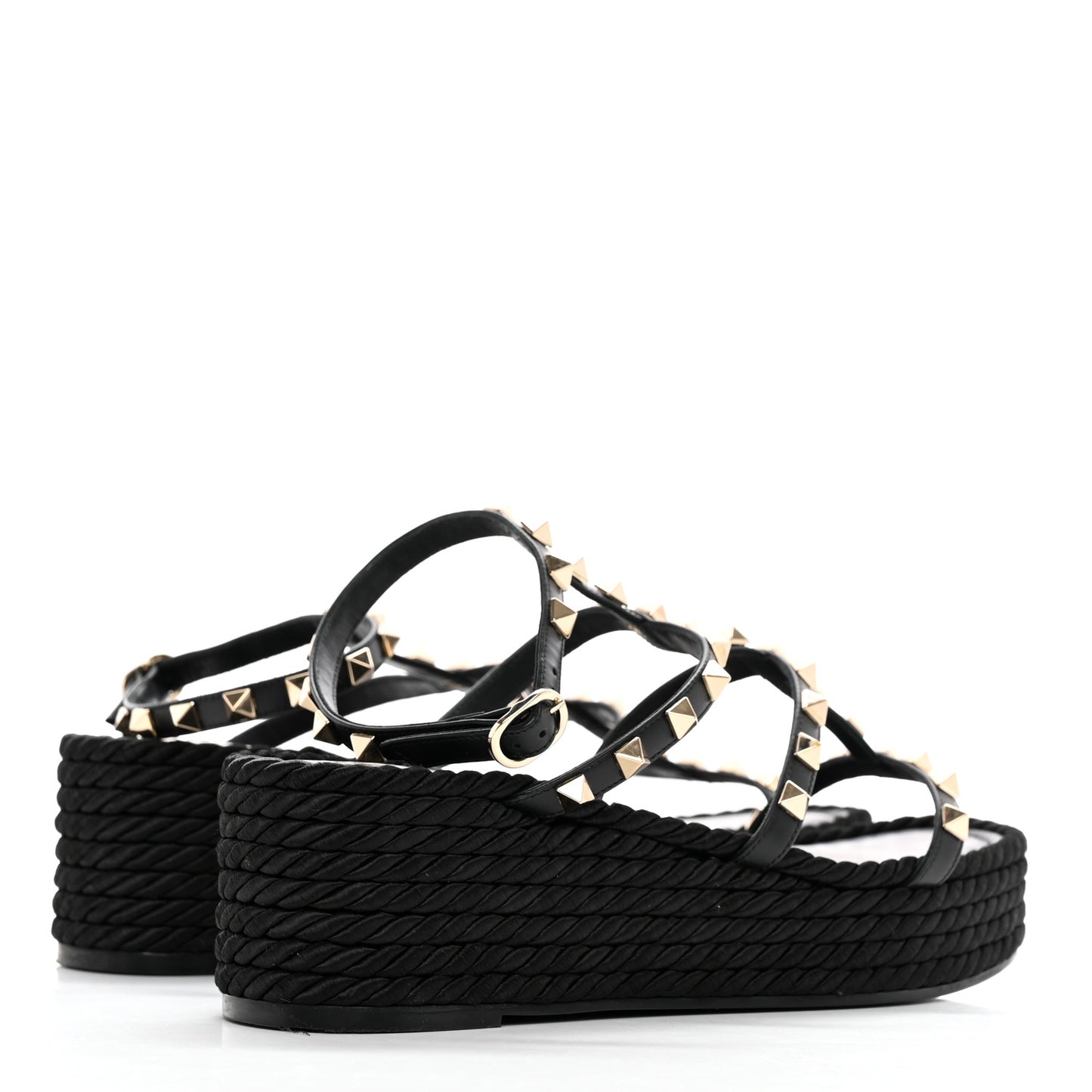 Calfskin Rockstud Ankle Strap Torchon Espadrille Caged 30/55mm Sandals 39 Black