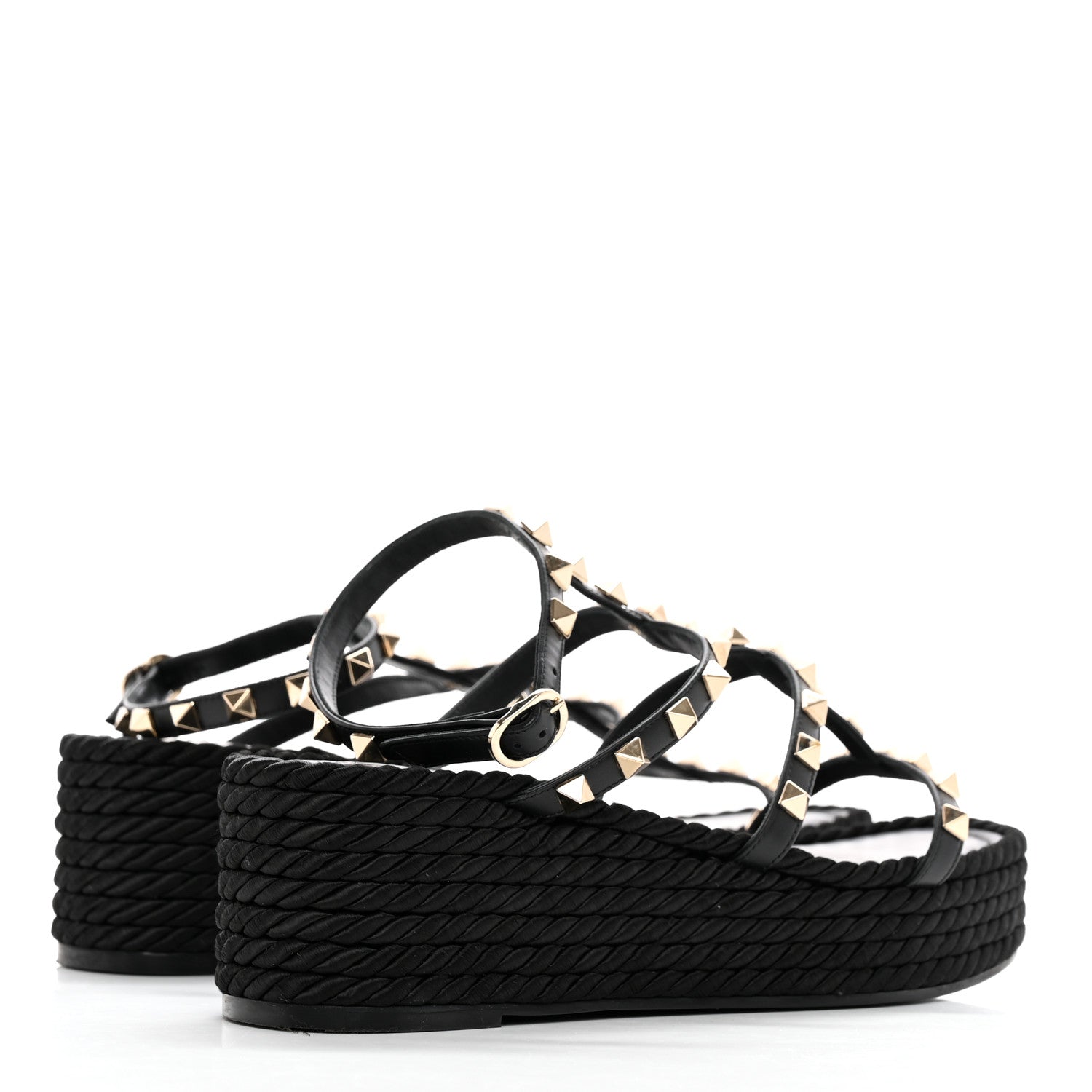 Valentino Garavani Calfskin Rockstud Ankle Strap Torchon Espadrille Caged 30/55mm Sandals 39 Black 4 of 12