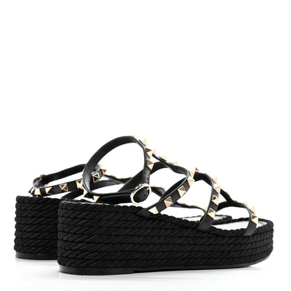 Valentino Garavani Calfskin Rockstud Ankle Strap Torchon Espadrille Caged 30/55mm Sandals 39 Black 4 of 12