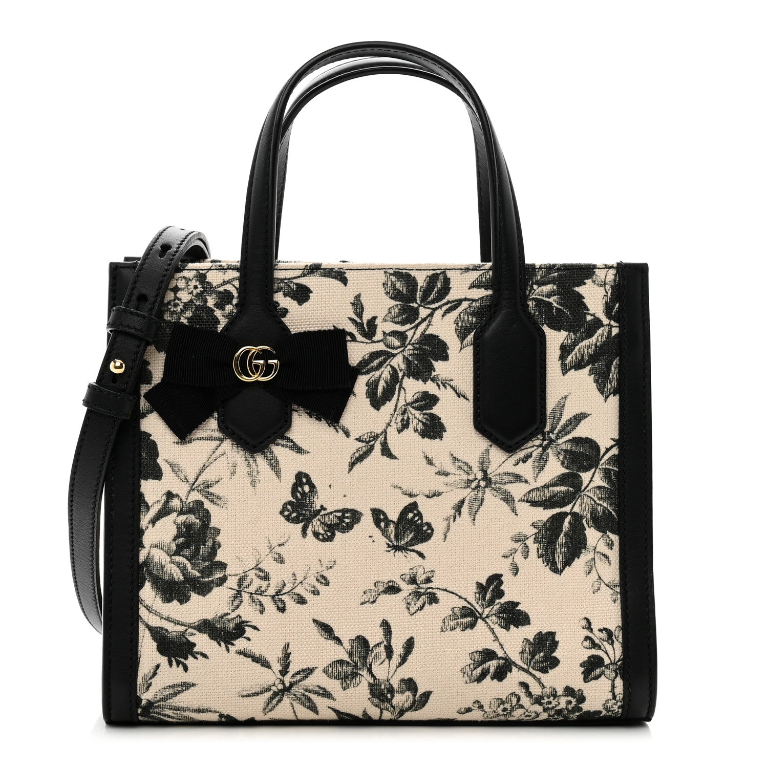 Gucci Canvas Herbarium Print Ribbon Top Handle Bag Black 1 of 10