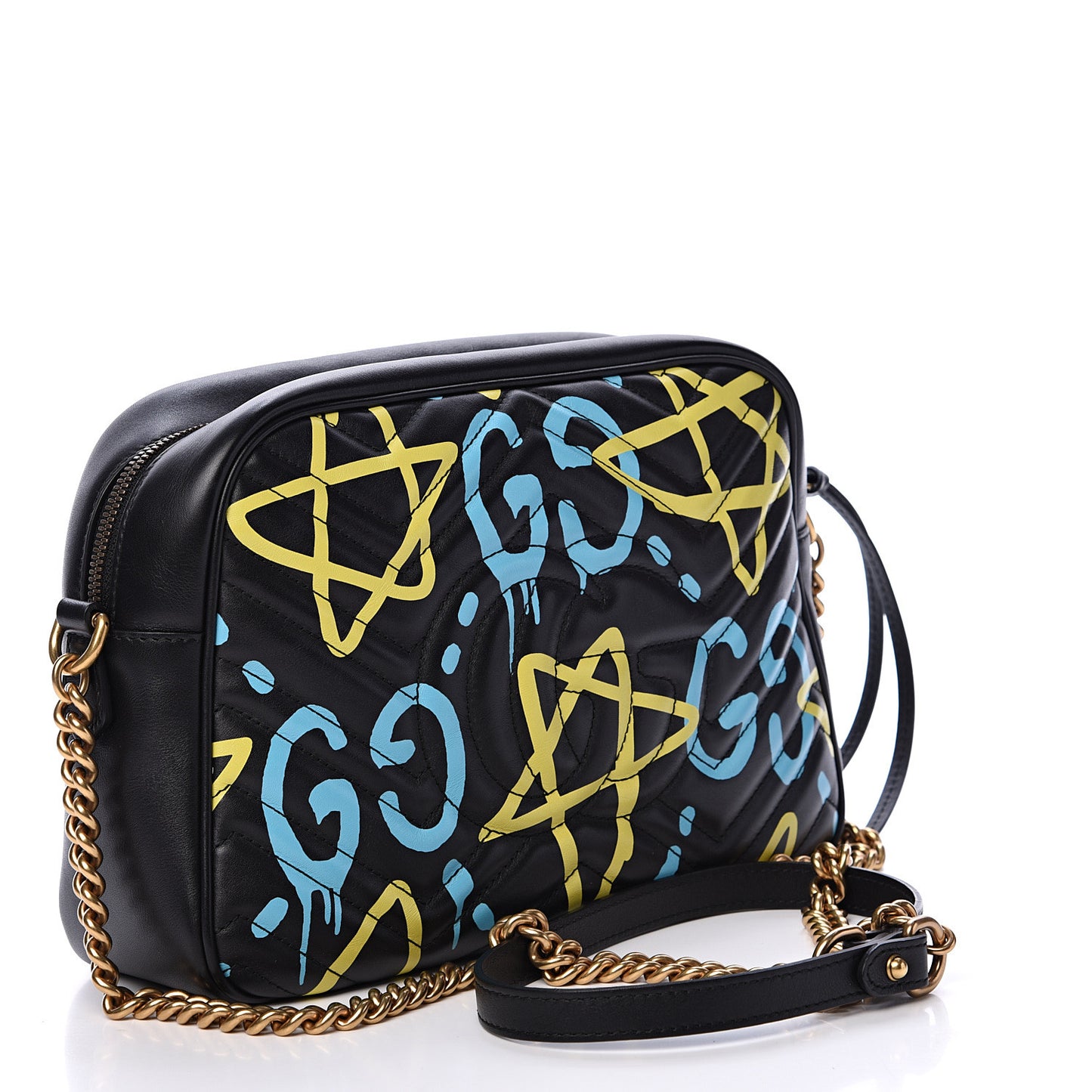 Calfskin Matelasse GucciGhost Medium GG Marmont Chain Shoulder Bag Black New Acquamarine