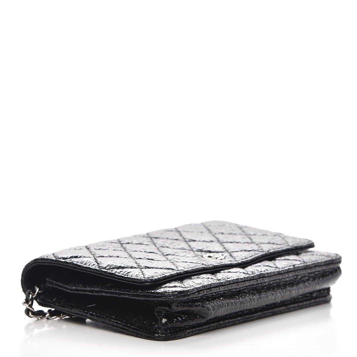 Distressed Patent Calfskin Quilted Wallet on Chain WOC Black