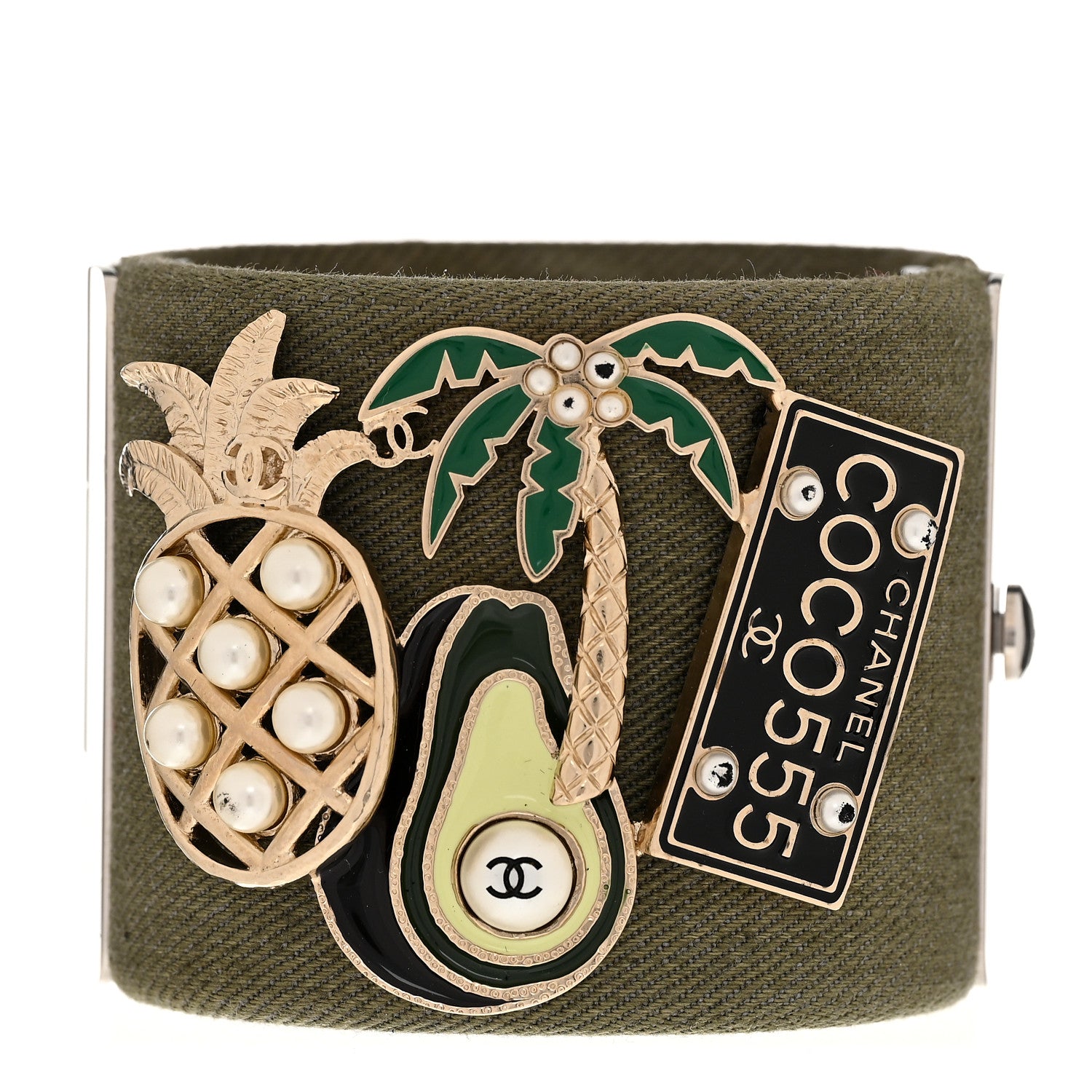 Chanel Fabric Enamel Pearl CC Cuff Khaki 1 of 5