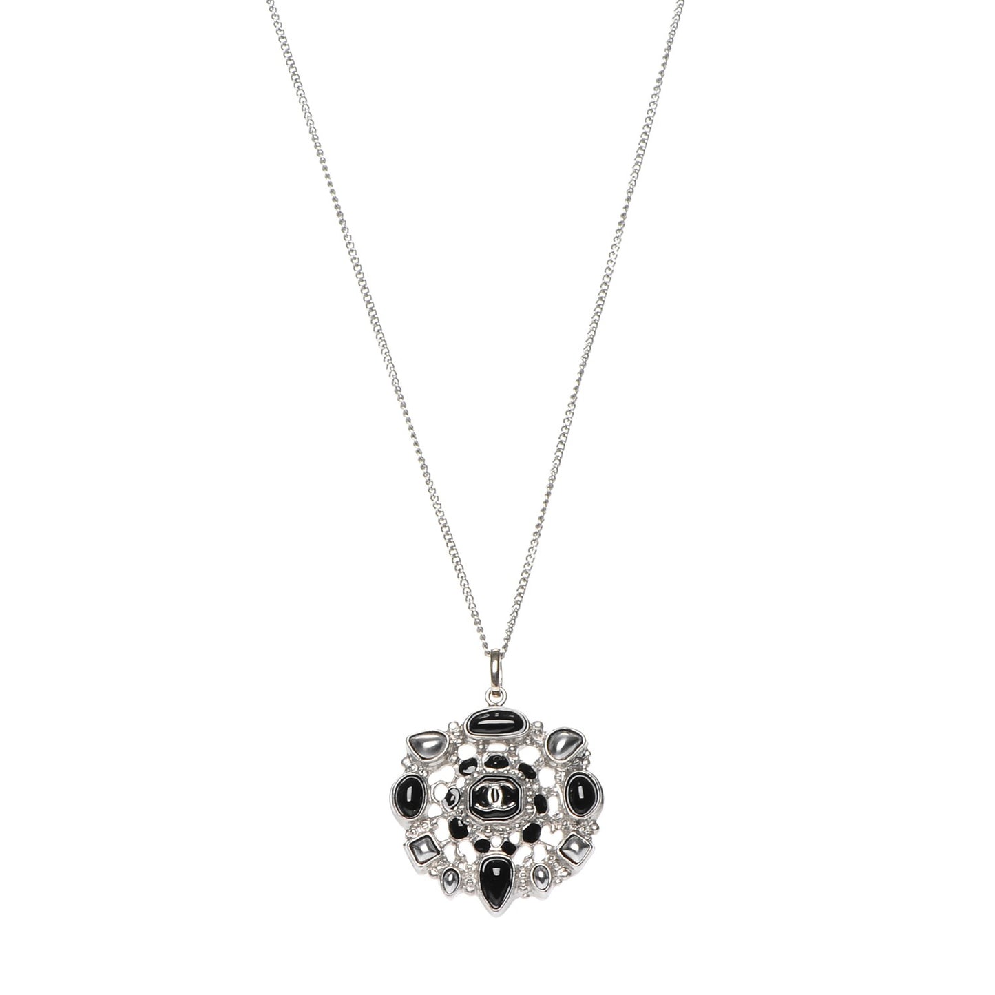 Enamel Gripoix CC Necklace Black Silver