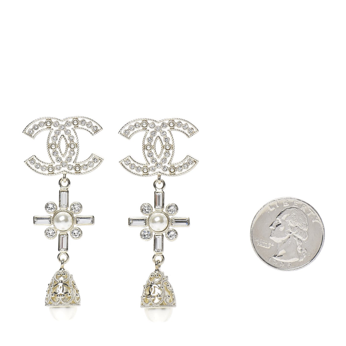 Crystal Baguette Pearl CC Cross Drop Earrings Gold