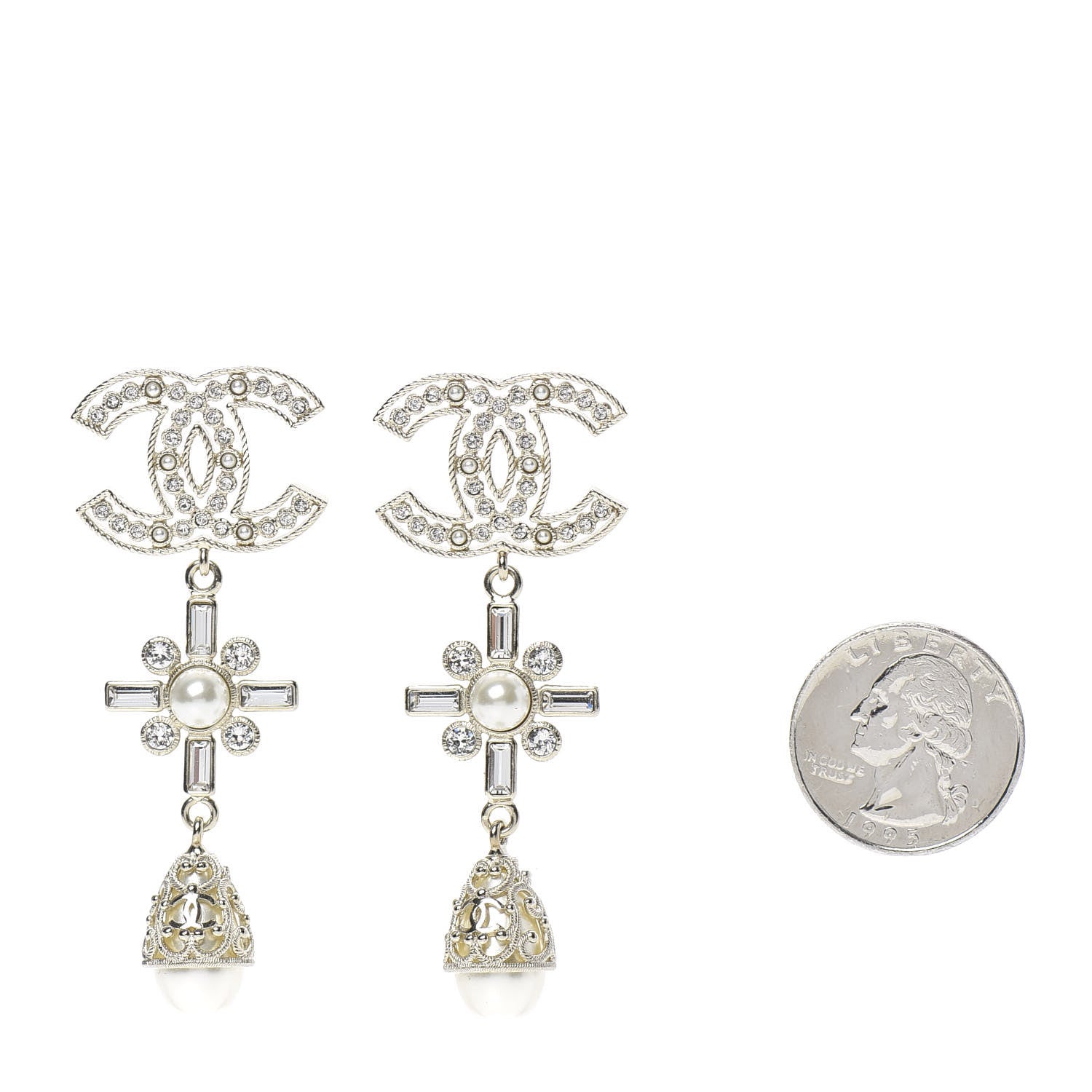 Chanel Crystal Baguette Pearl CC Cross Drop Earrings Gold 2 of 4