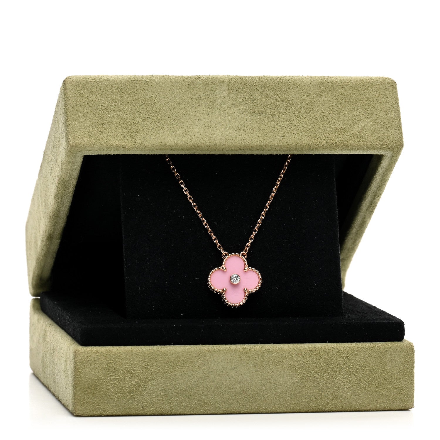 Van Cleef & Arpels VAN CLEEF & ARPELS 18K Rose Gold Diamond Pink Porcelain Vintage Alhambra Pendant Necklace 6 of 6