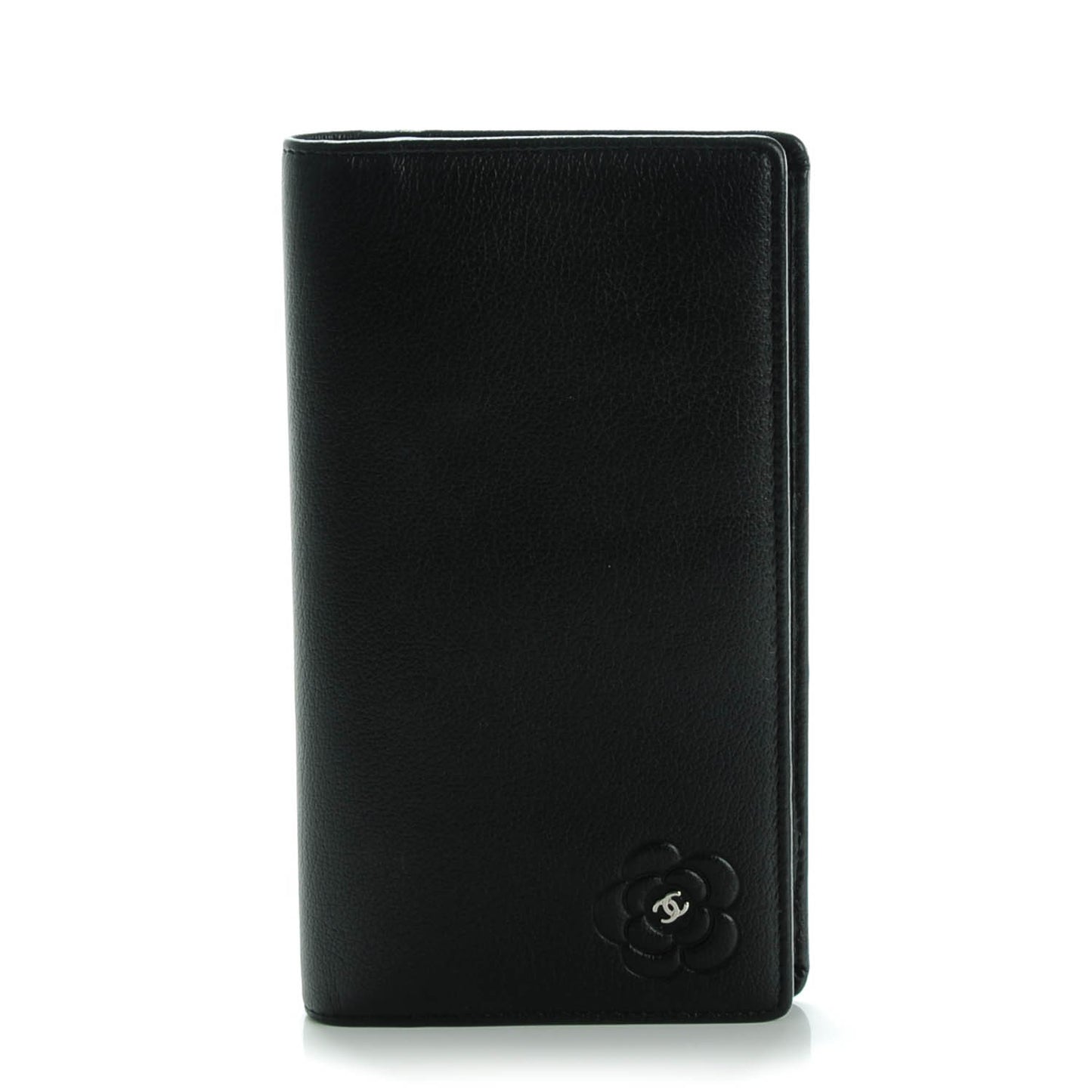 Goatskin Camellia Embossed Yen Wallet Black