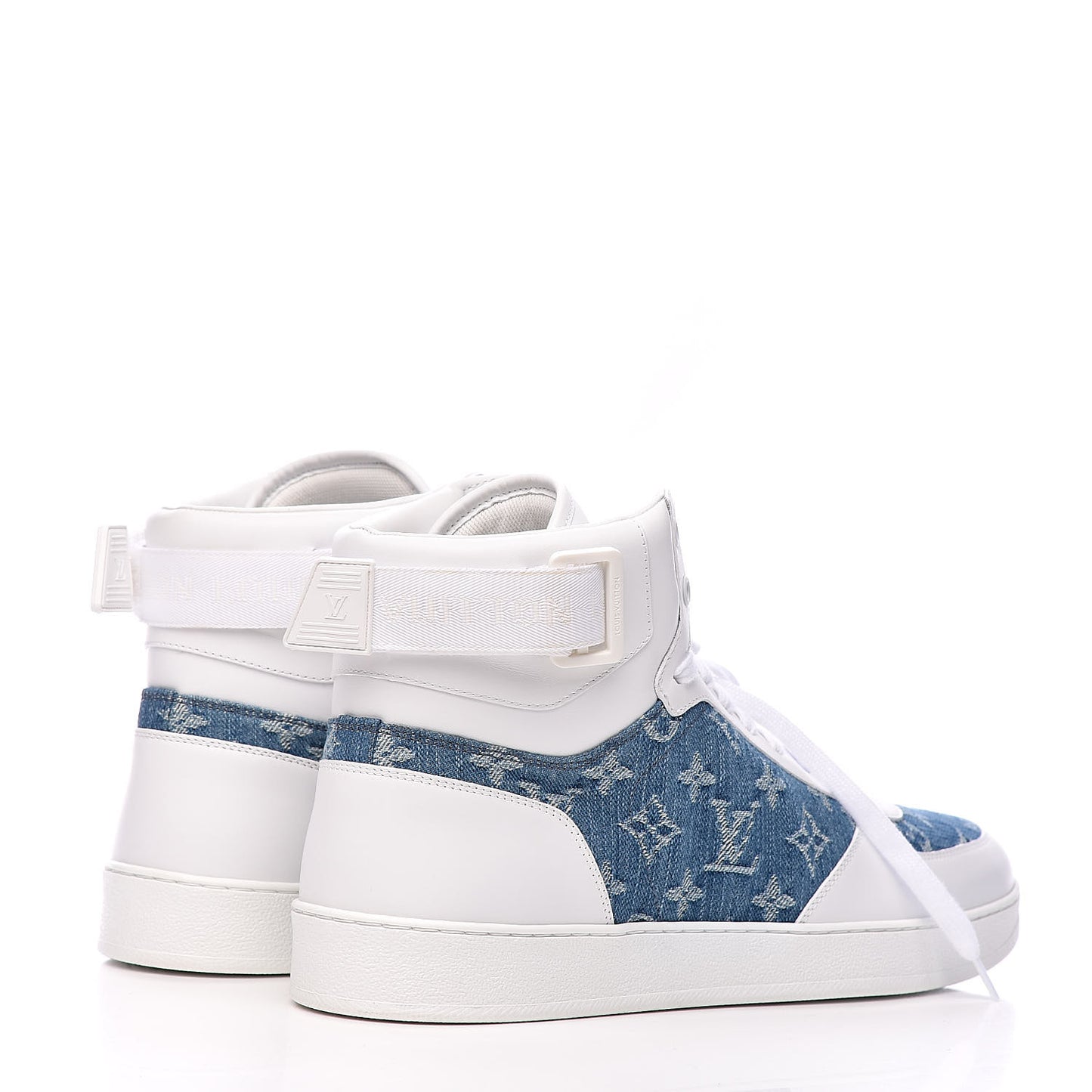 Calfskin Monogram Denim Rivoli High Top Sneakers 10 White