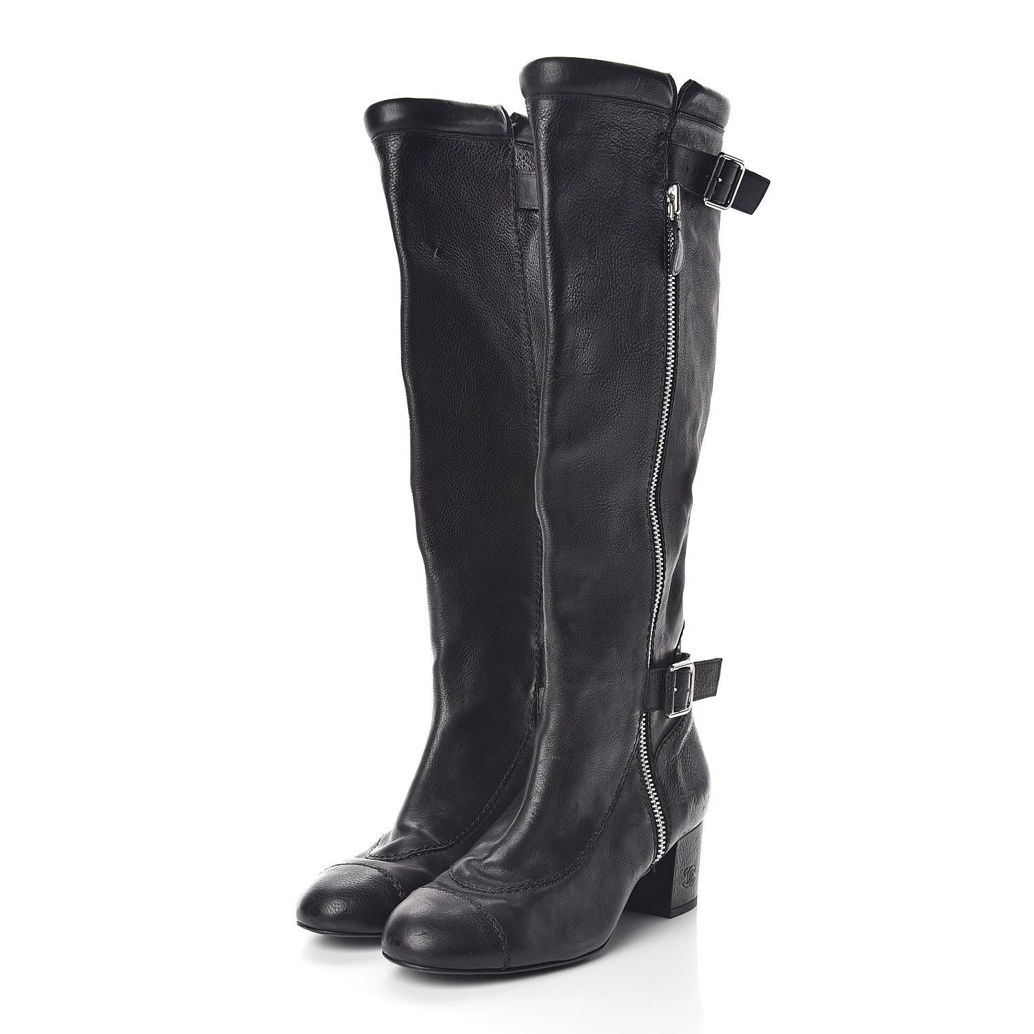 Chanel Calfskin Zipper Buckle Knee High Tall Boots 41 Black 3 of 9