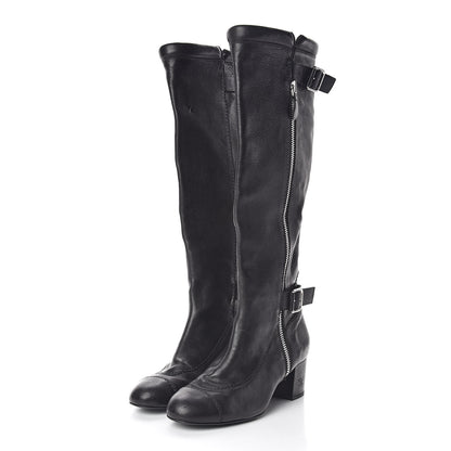 Chanel Calfskin Zipper Buckle Knee High Tall Boots 41 Black 3 of 9
