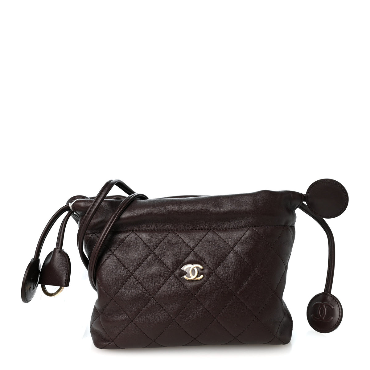 Lambskin Quilted Drawstring Clutch With Strap Dark Brown