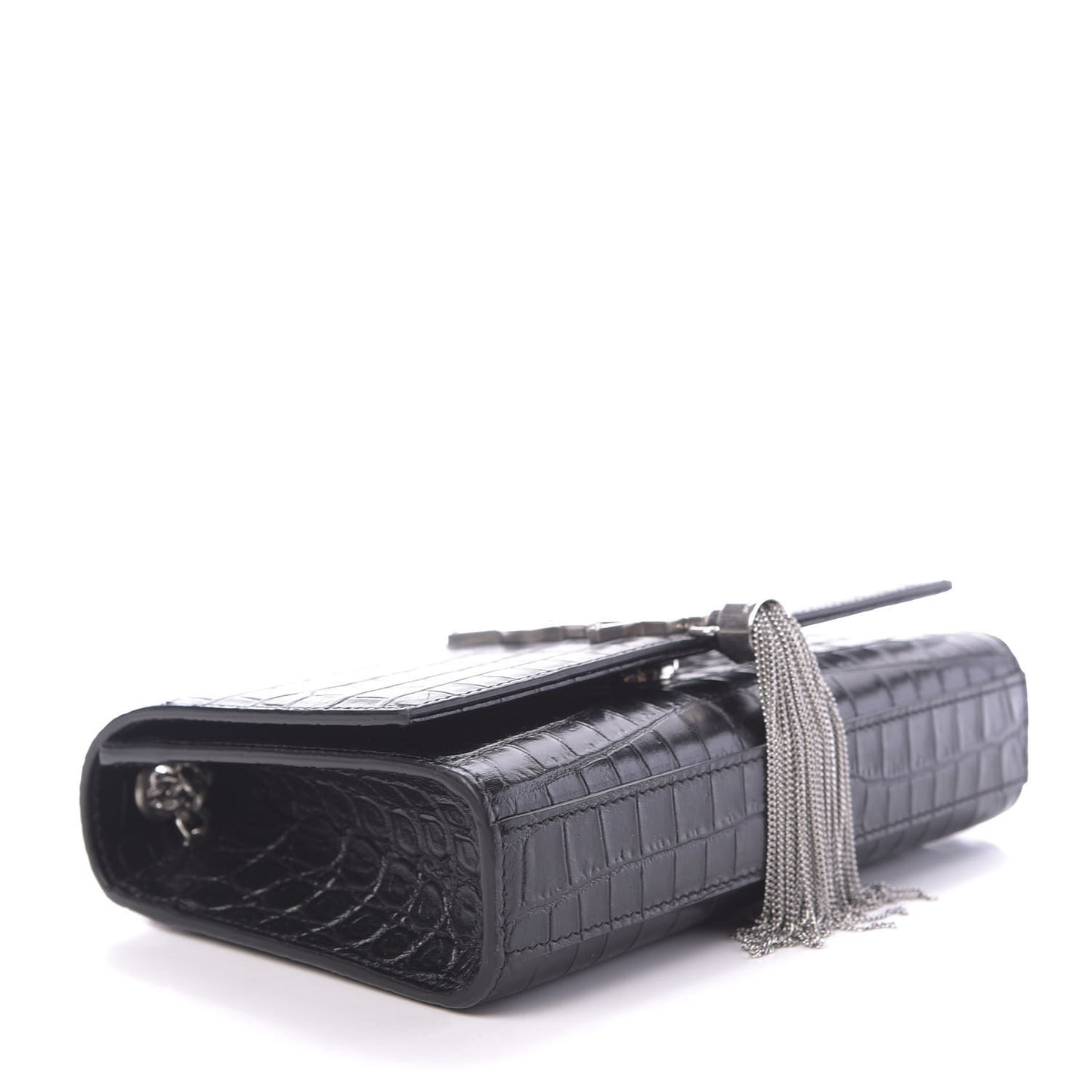 Calfskin Crocodile Embossed Small Classic Monogram Kate Tassel Satchel Black