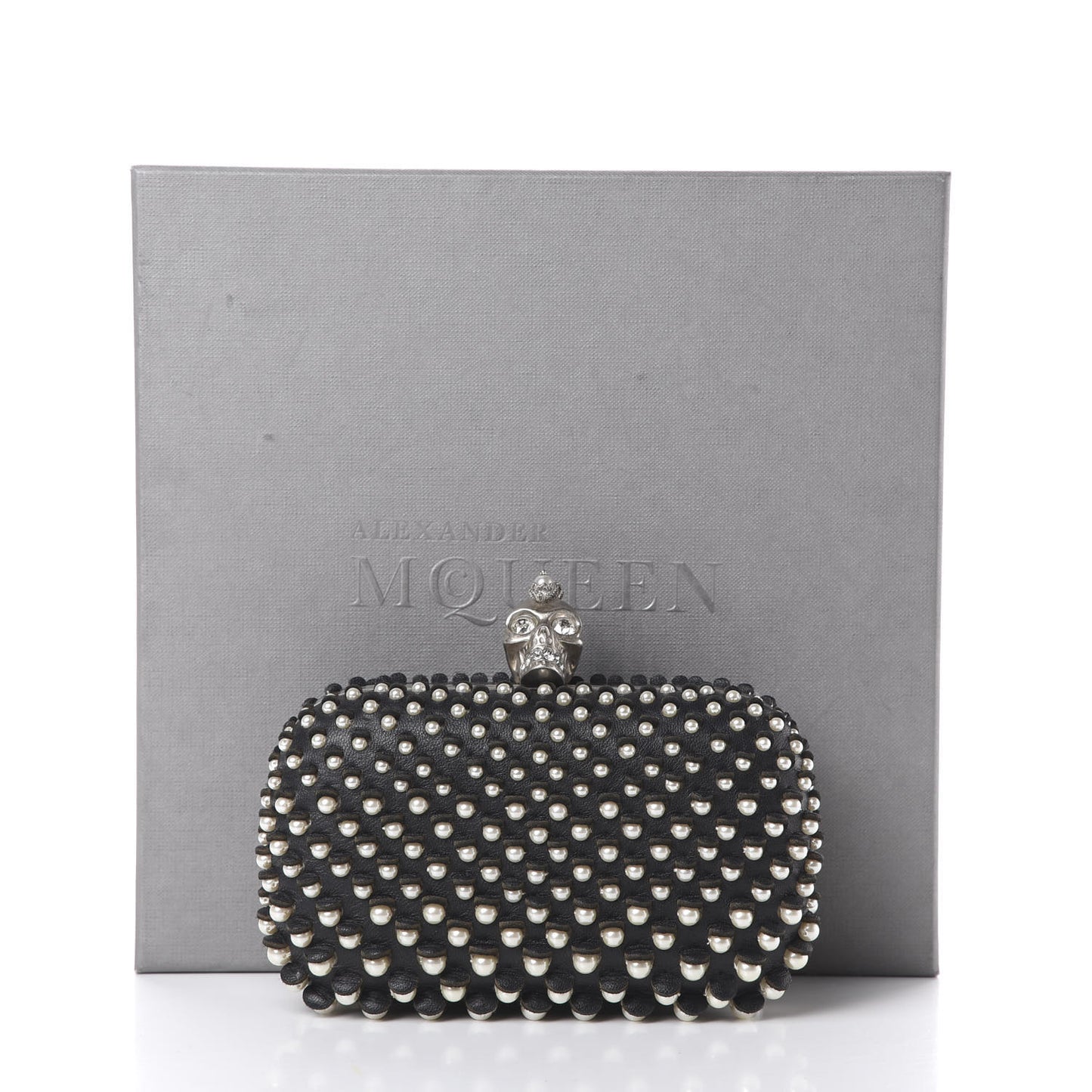 Pearl Embellished Calfskin Skull Box Clutch Black