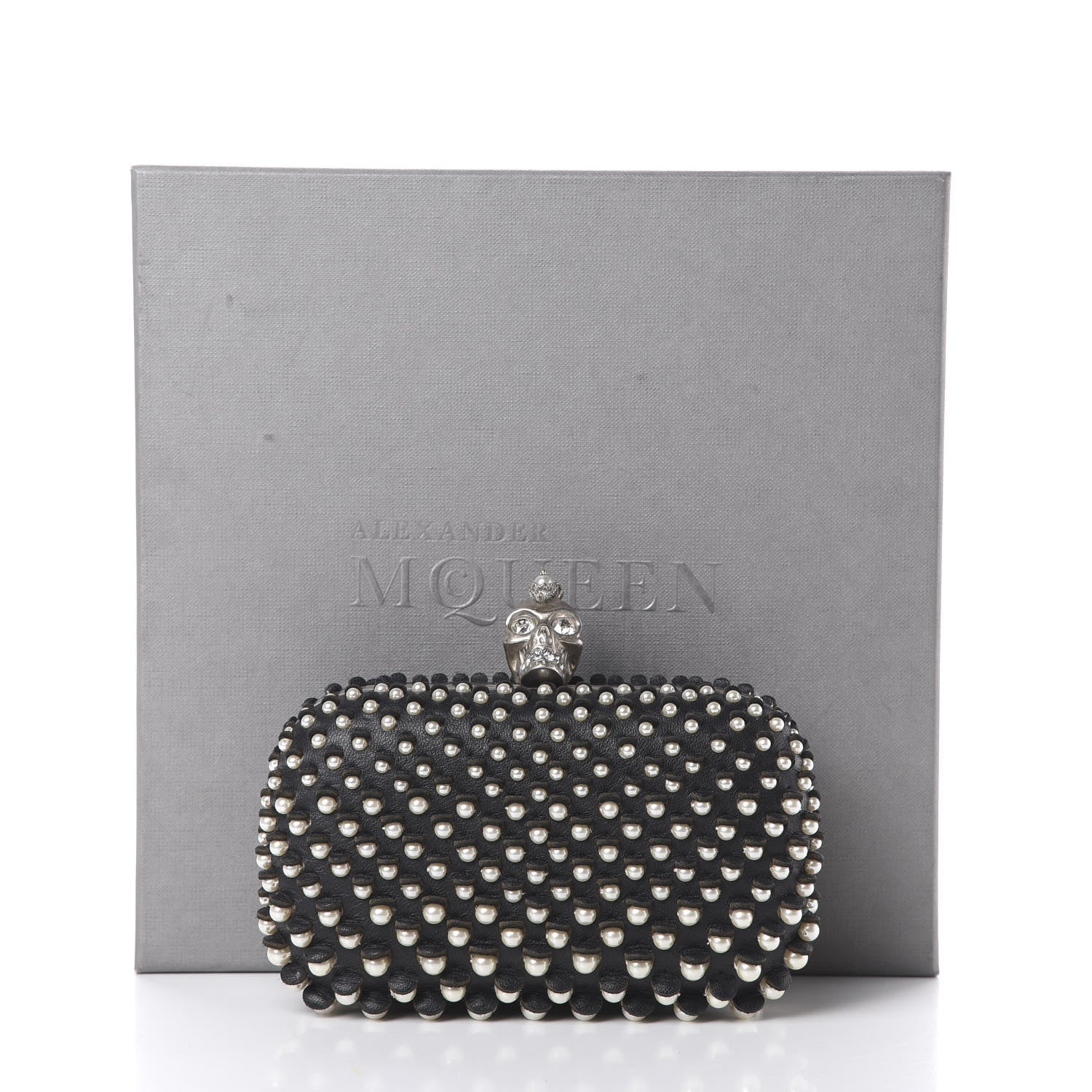 Alexander McQueen Pearl Embellished Calfskin Skull Box Clutch Black 9 of 9