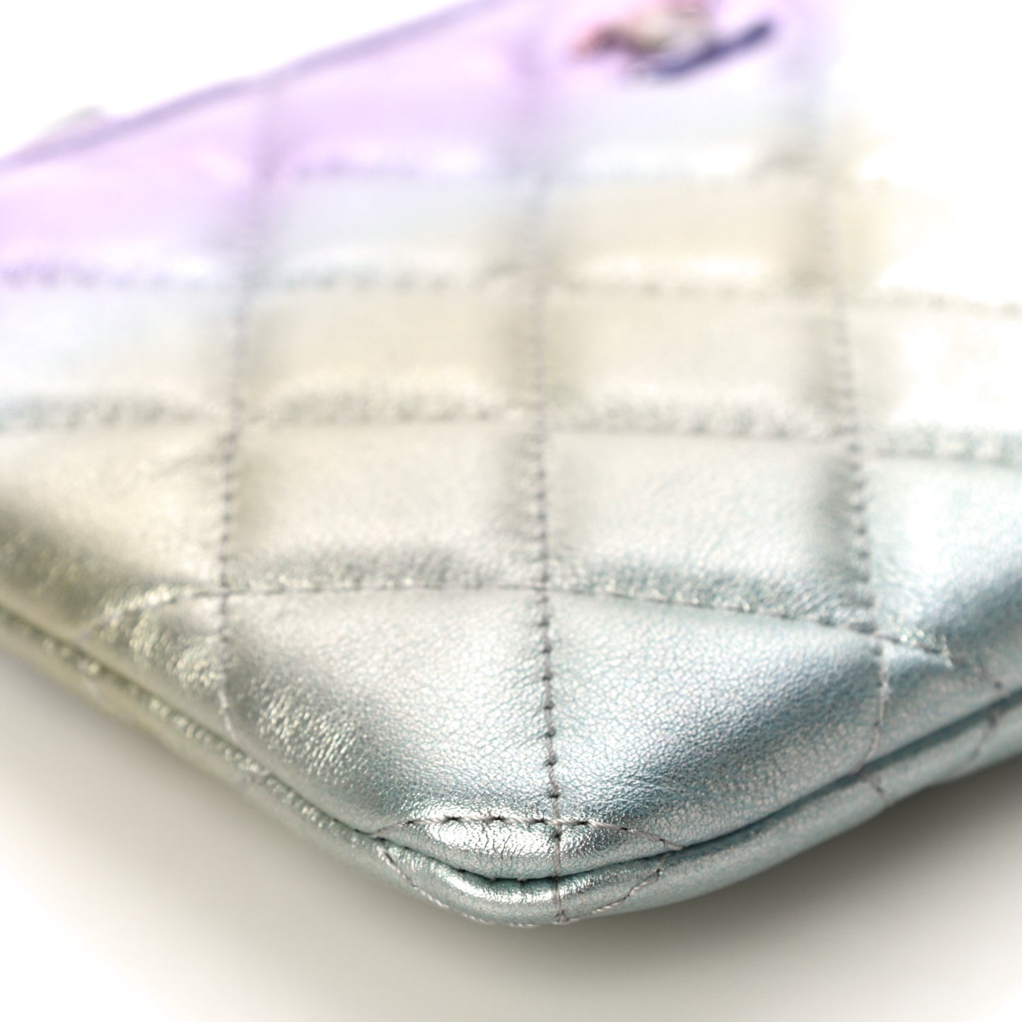 Gradient Metallic Calfskin Quilted Cosmetic Case Silver Blue Yellow Purple