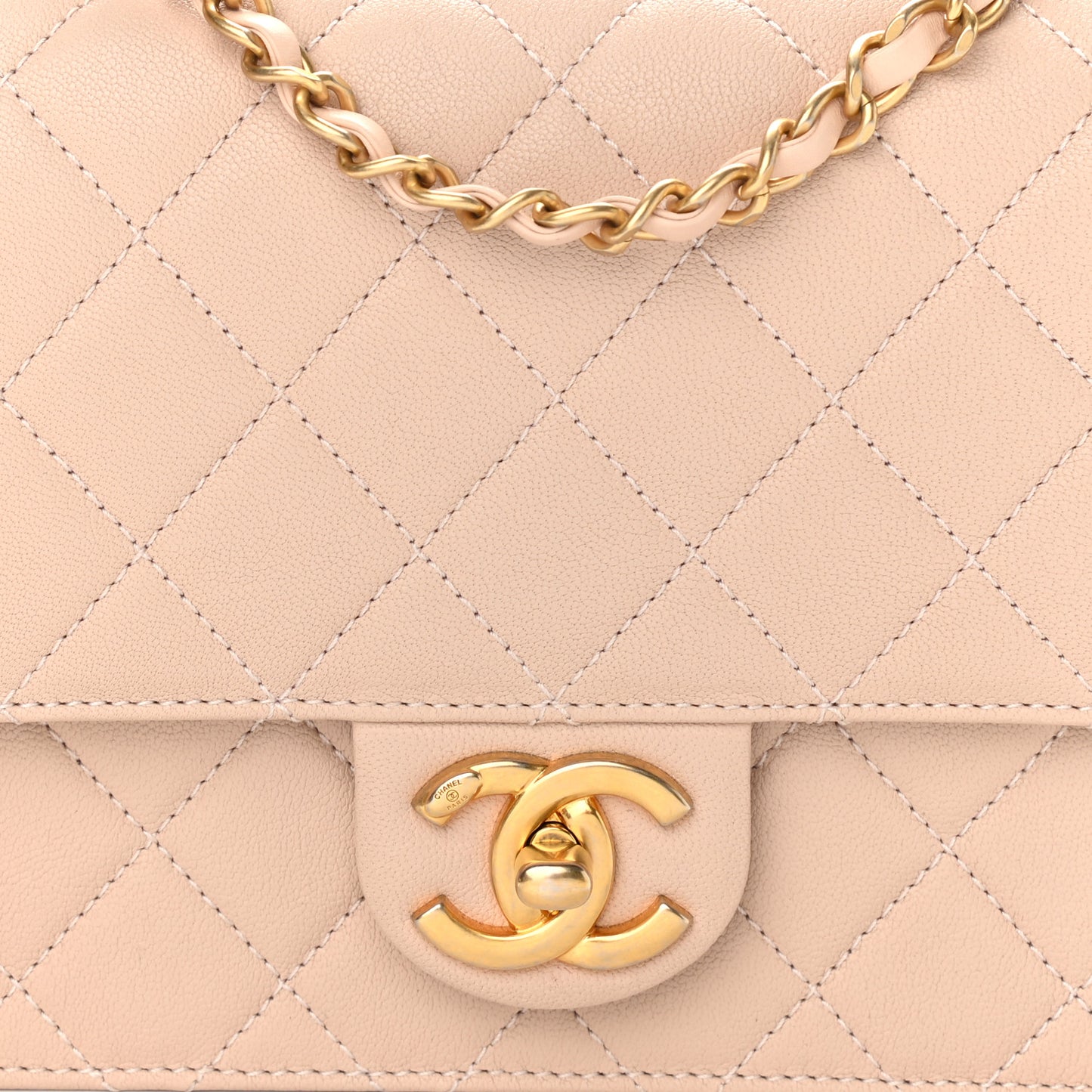 Lambskin Quilted Small Chic Pearls Flap Beige