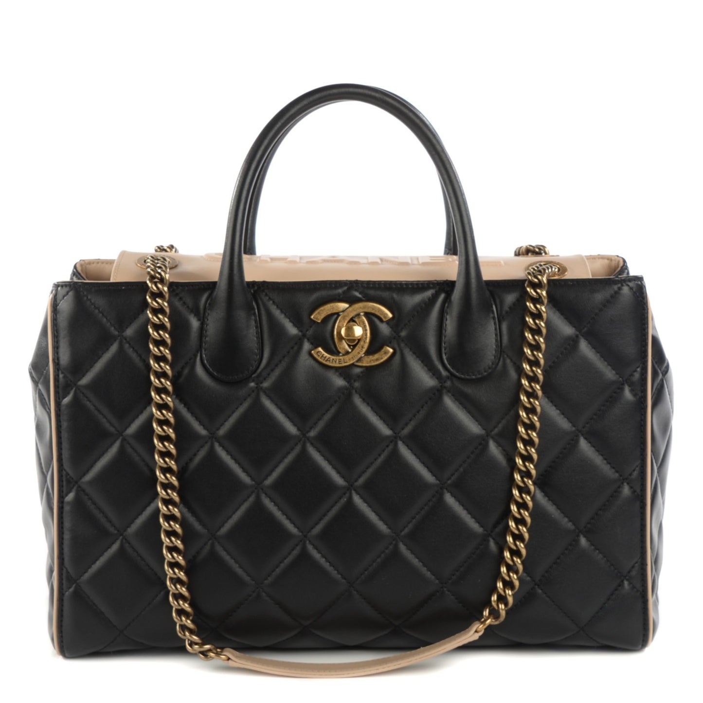 Lambskin Quilted Small Portobello Tote Black Beige
