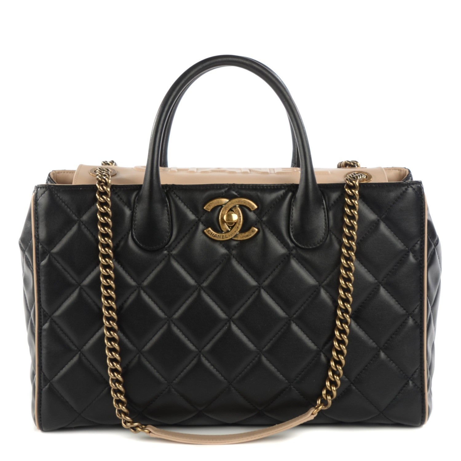 Chanel Lambskin Quilted Small Portobello Tote Black Beige 1 of 9