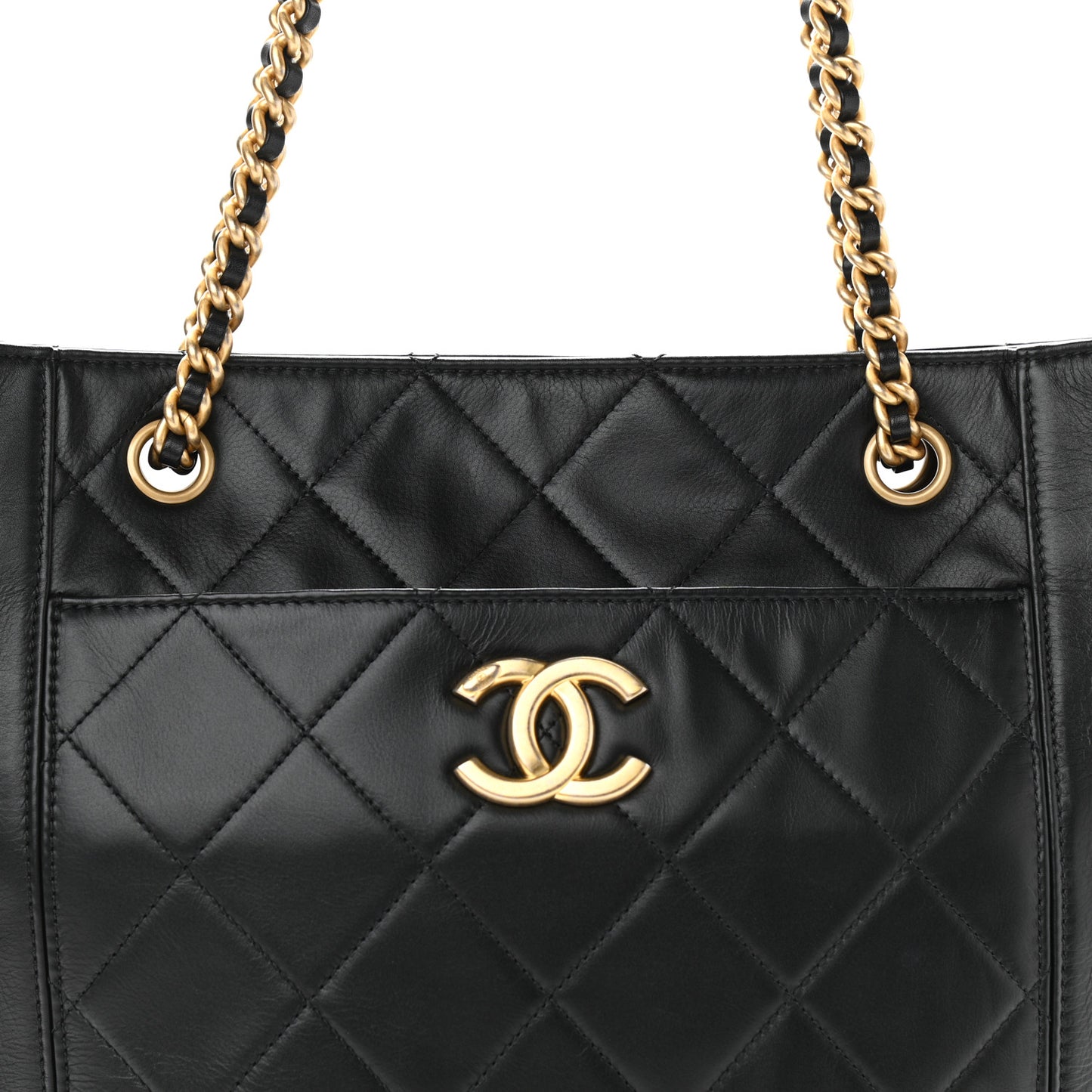 Calfskin Quilted CC Front Pocket Shopping Tote Black