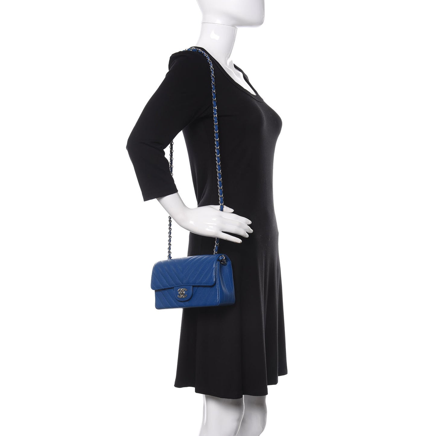 Caviar Chevron Quilted Mini Rectangular Flap Blue