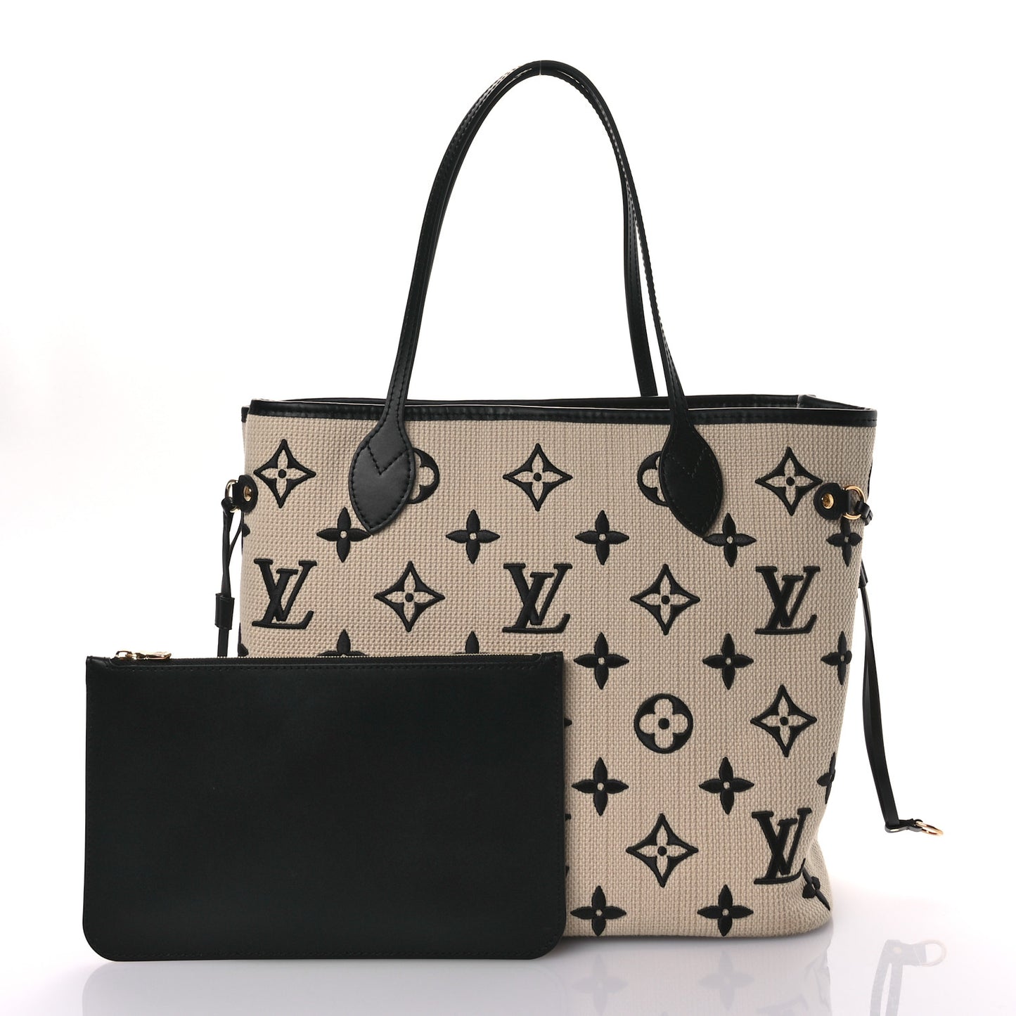 Cotton Monogram Embroidered Neverfull MM Beige Black
