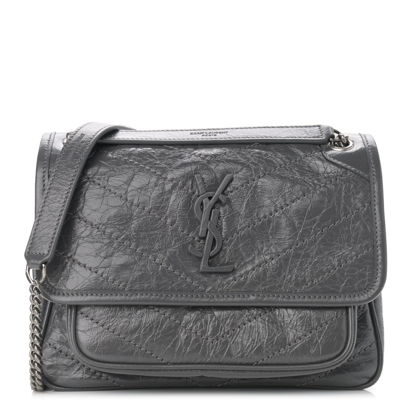 Crinkled Calfskin Matelasse Monogram Baby Niki Chain Satchel Storm